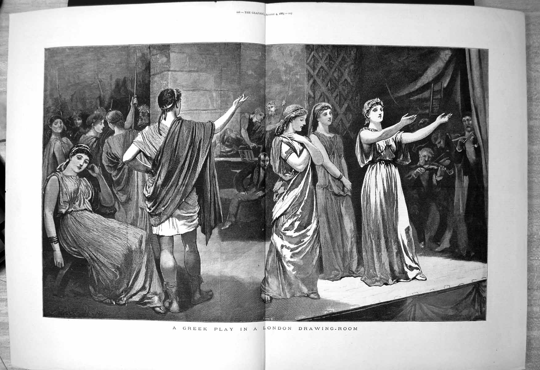 Old Print Greek Play London Drawing Room Actors Stage Musicians Band 1883 19th