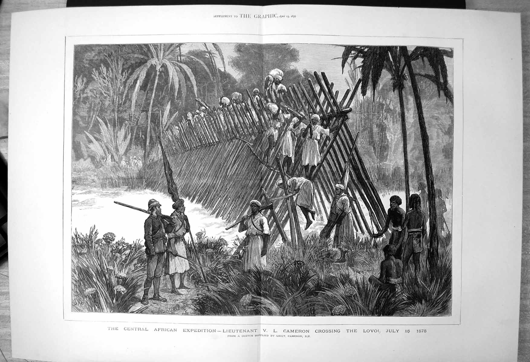Old Print Central African Expedition Lieutenant V L Cameron Crossing Lovoi 1875