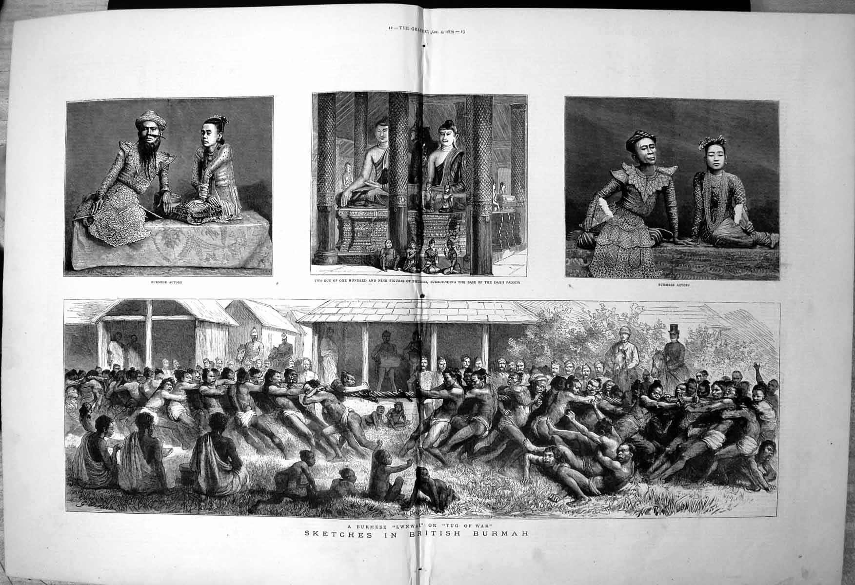 Old Print Sketches British Burmah Tug War Burmese Actors Dagh Pagoda1879 19th