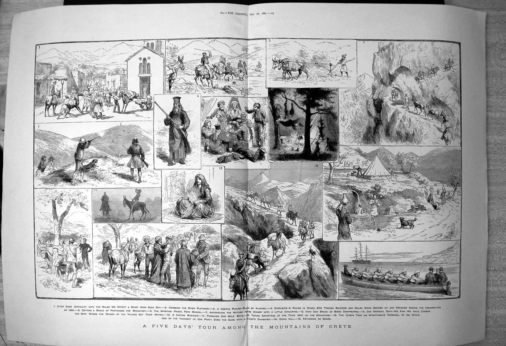 Old Print Tour Mountains Crete Mules Crossing River Platanos Ravine 1884 19th