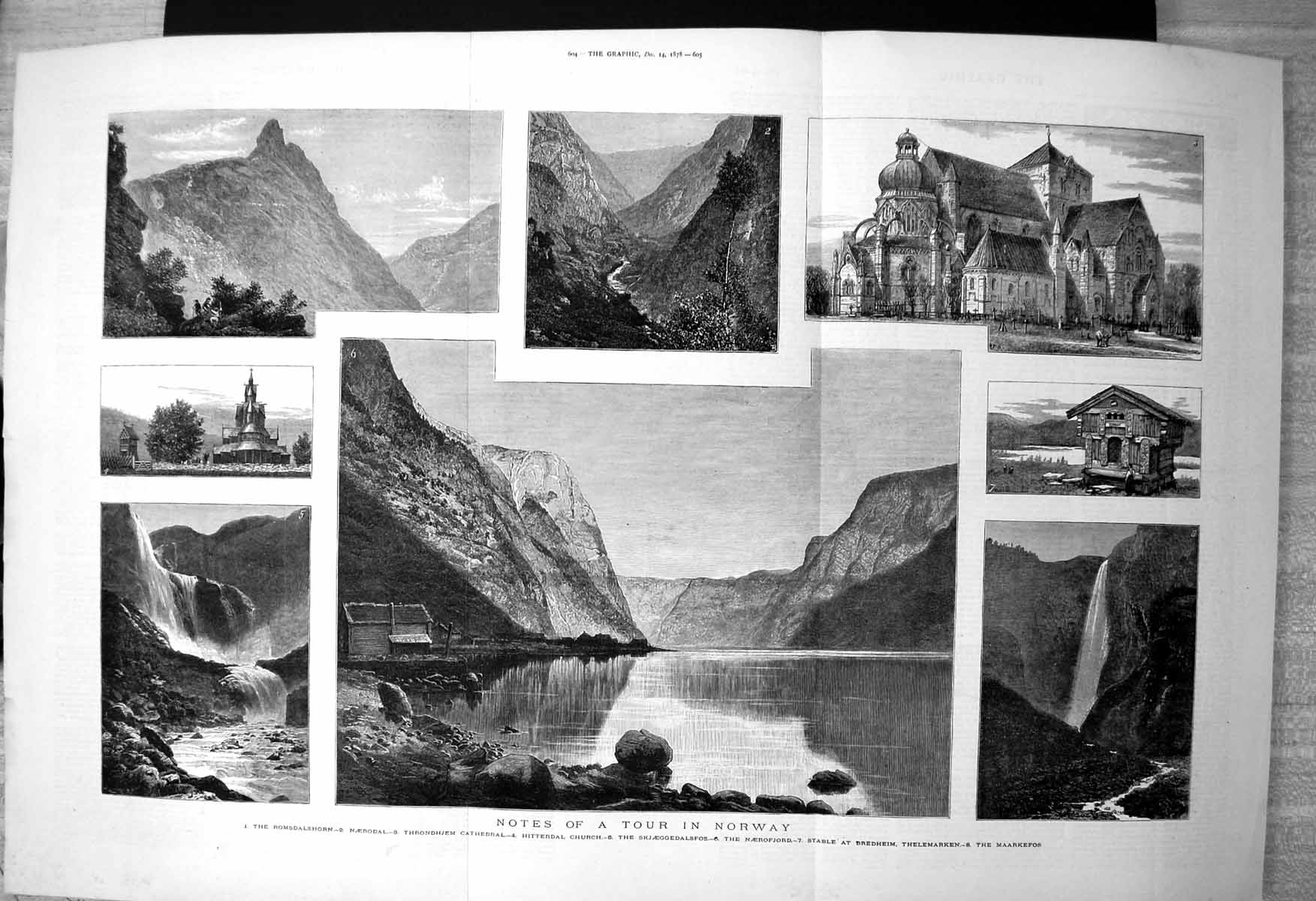 Antique Print Norway Hitterdal Church Romsdalshorn Throndhjem Cathedral1878