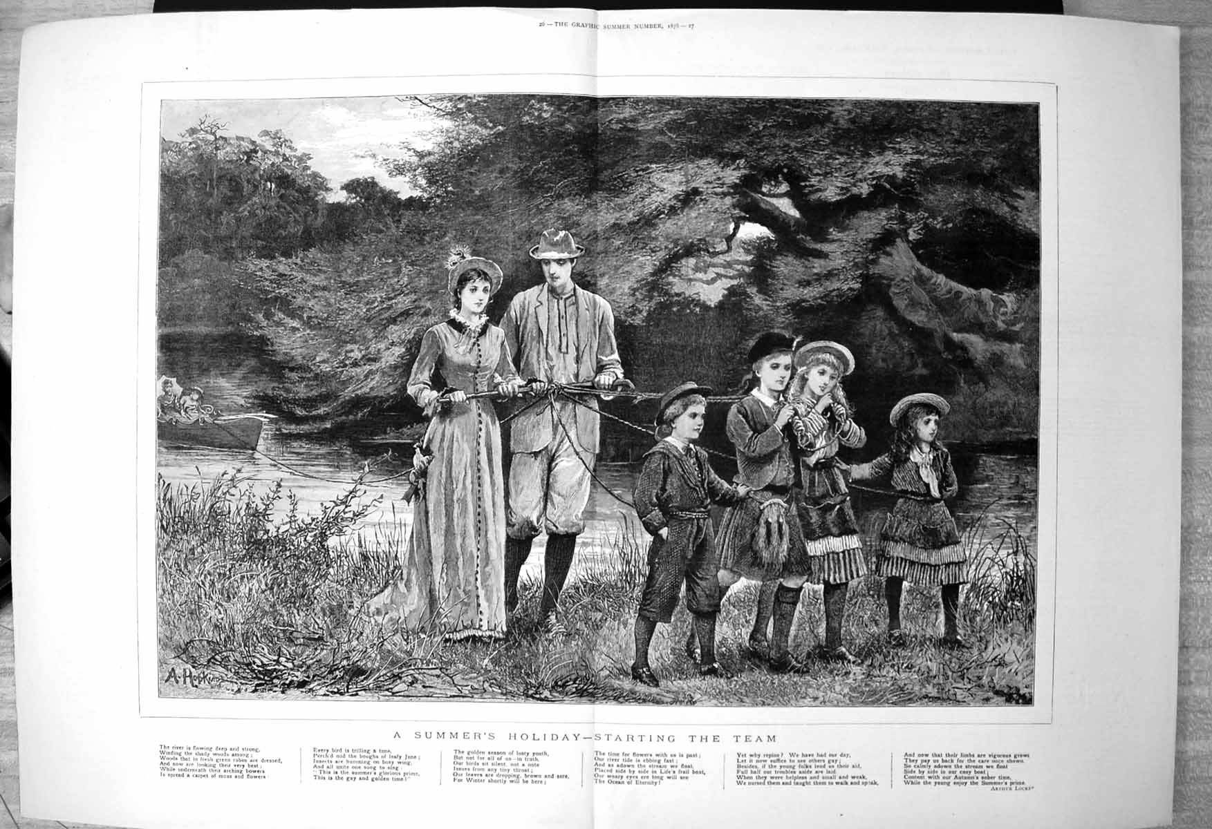 Antique Print Summers Holiday Starting Team CoupleChildren Tow Boat 1878