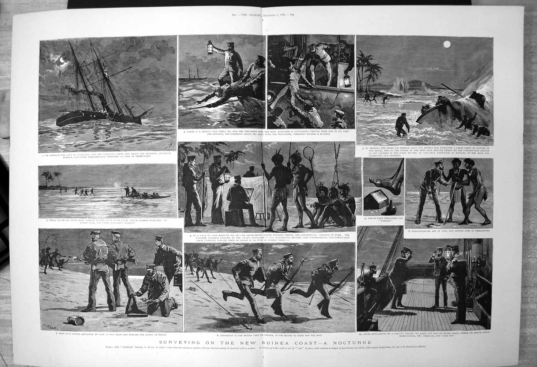 Antique Print Surveying New Guinea Coast Night Pack Traps Natives Boat 1889