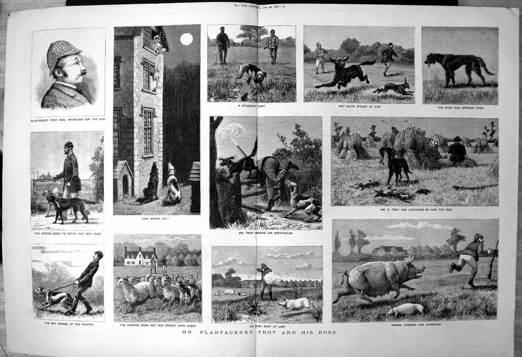 Old Print Mr Plantagenet Dogs Keeper Boy Pointer Sheep Pig Easy Shot 1882 19th
