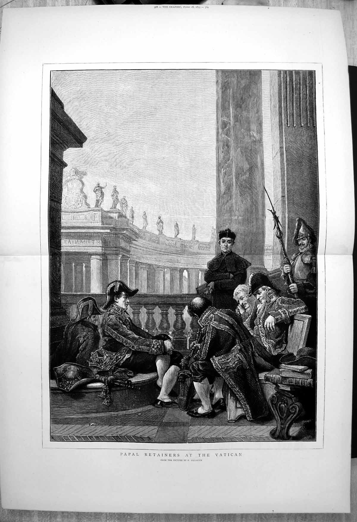 Antique Old Print Guards Taking Break Papal Retainers Vatican F Heilbuth 1873