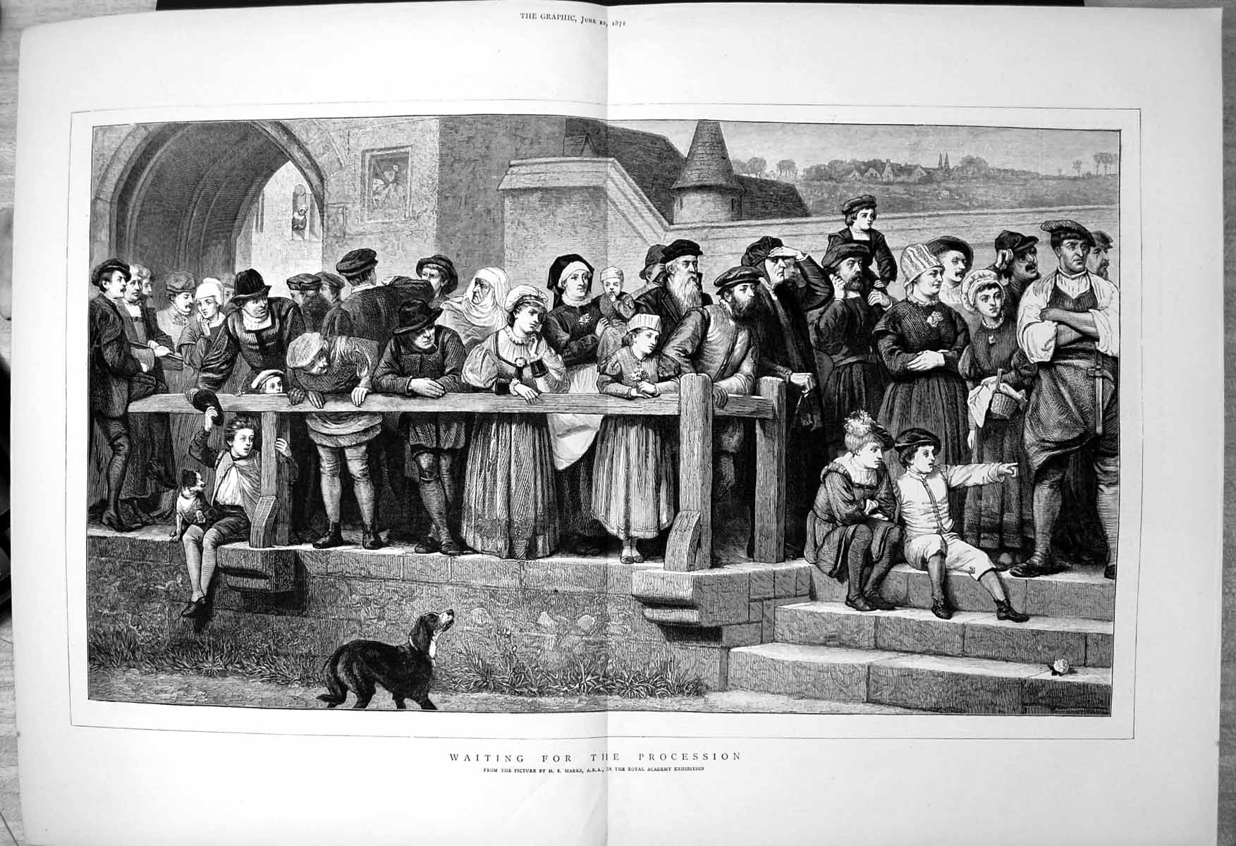 Old Print Waiting For Procession H S Marks Standing Steps Men Women 1872 19th