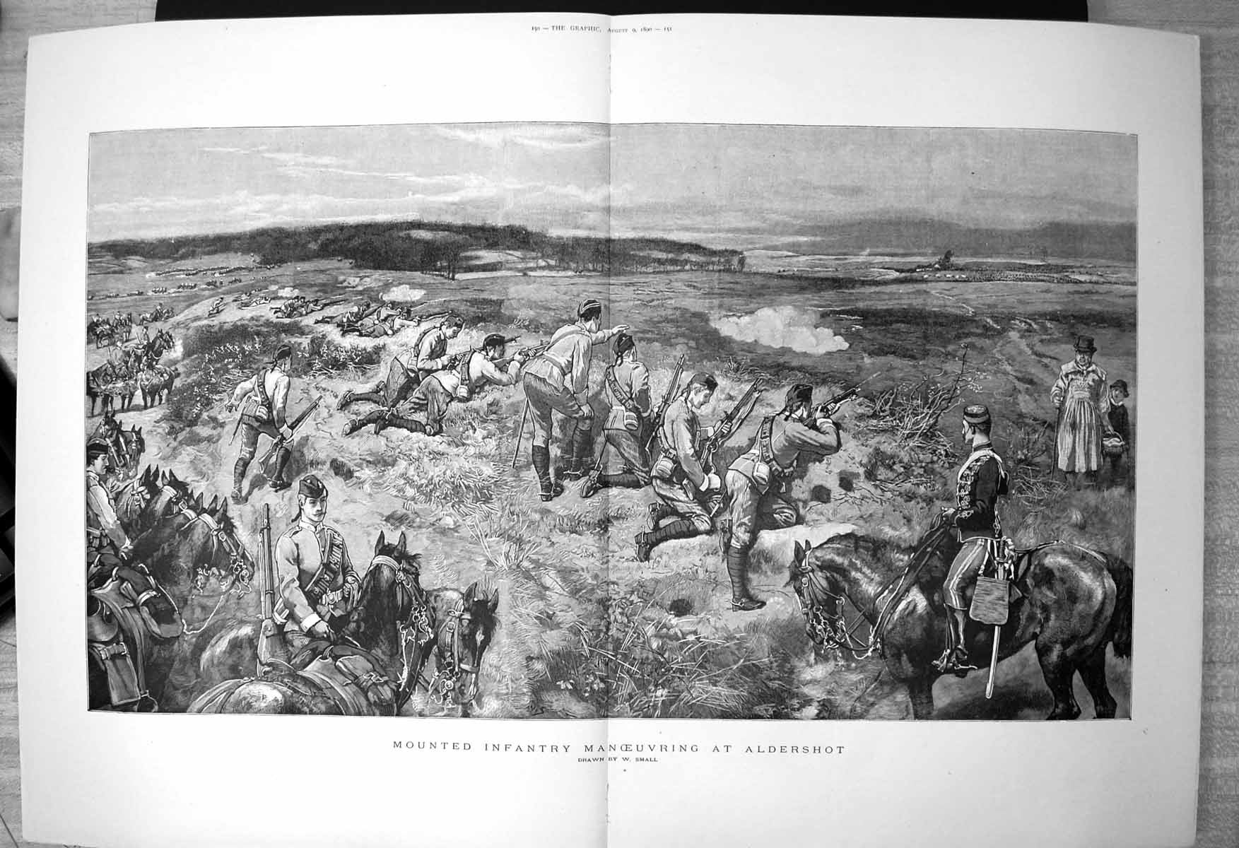 Old Print Mounted Infantry Manoeuvring Aldershot W Small Guns Ready 1890 19th
