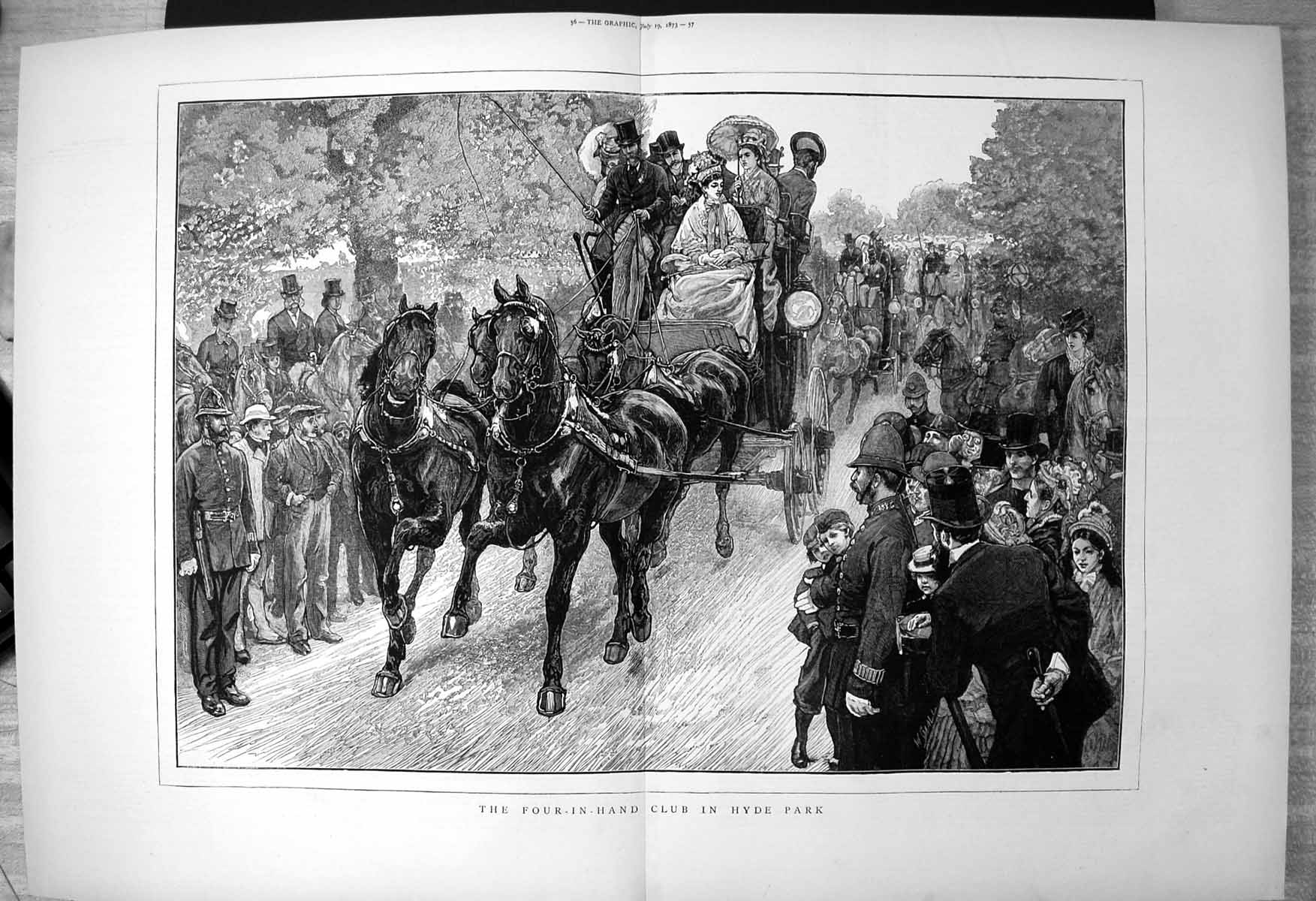 Old Print Four-In-Hand Club Hyde Park Horses Carriages Crowds Police 1873 19th