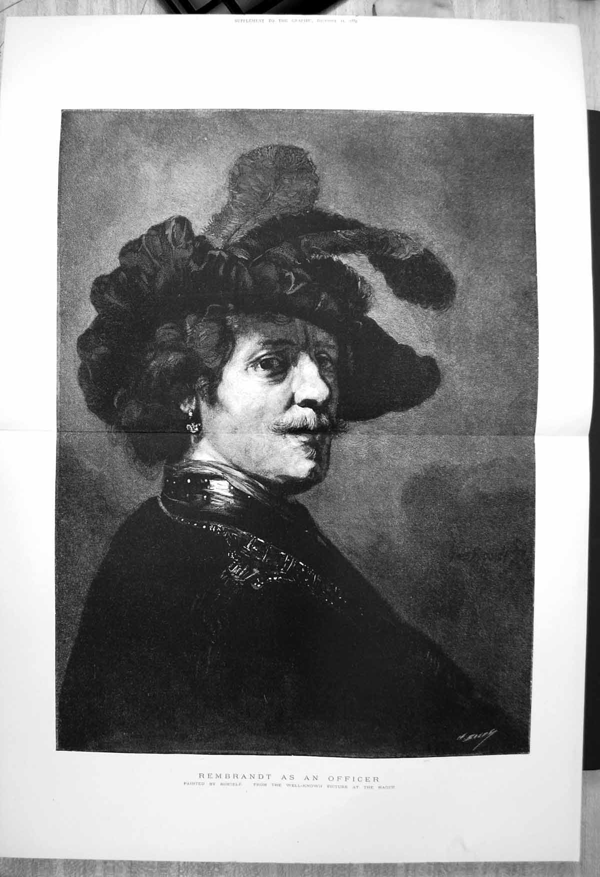 Antique Old Print Rembrandt As An Officer Painted Himself Hat Feather Hague