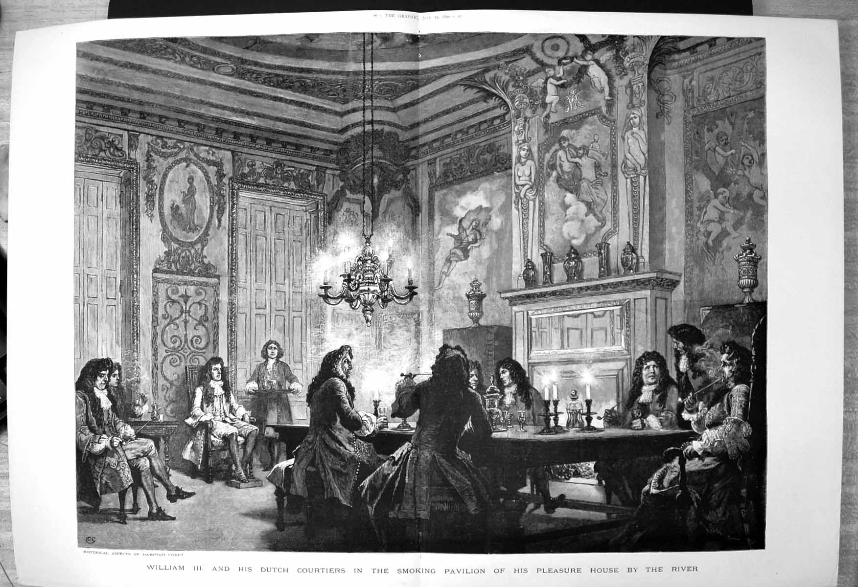 Old Print William 111 Dutch Courtiers Smoking Pavilion Pleasure House River1890