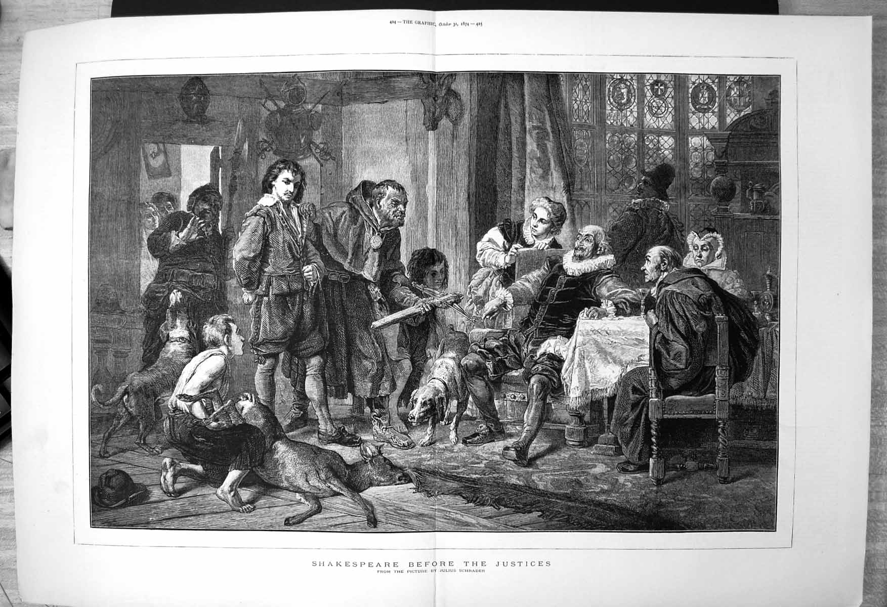 Old Shakespeare Before Justices Schrader Men Table Room Dogs Deer 1874 19th