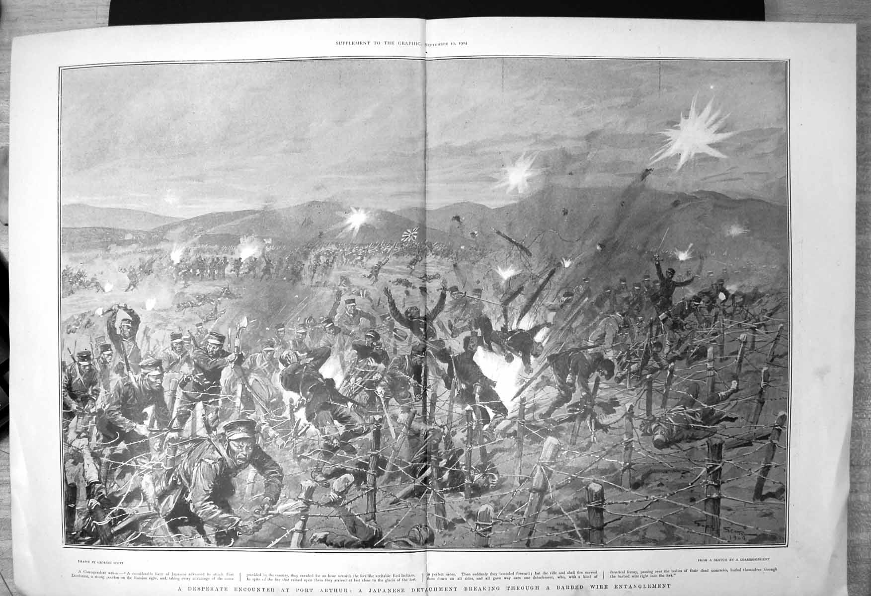 Antique Old Print Encounter Port Arthur Japanese Detachment Barbed Wire 1904