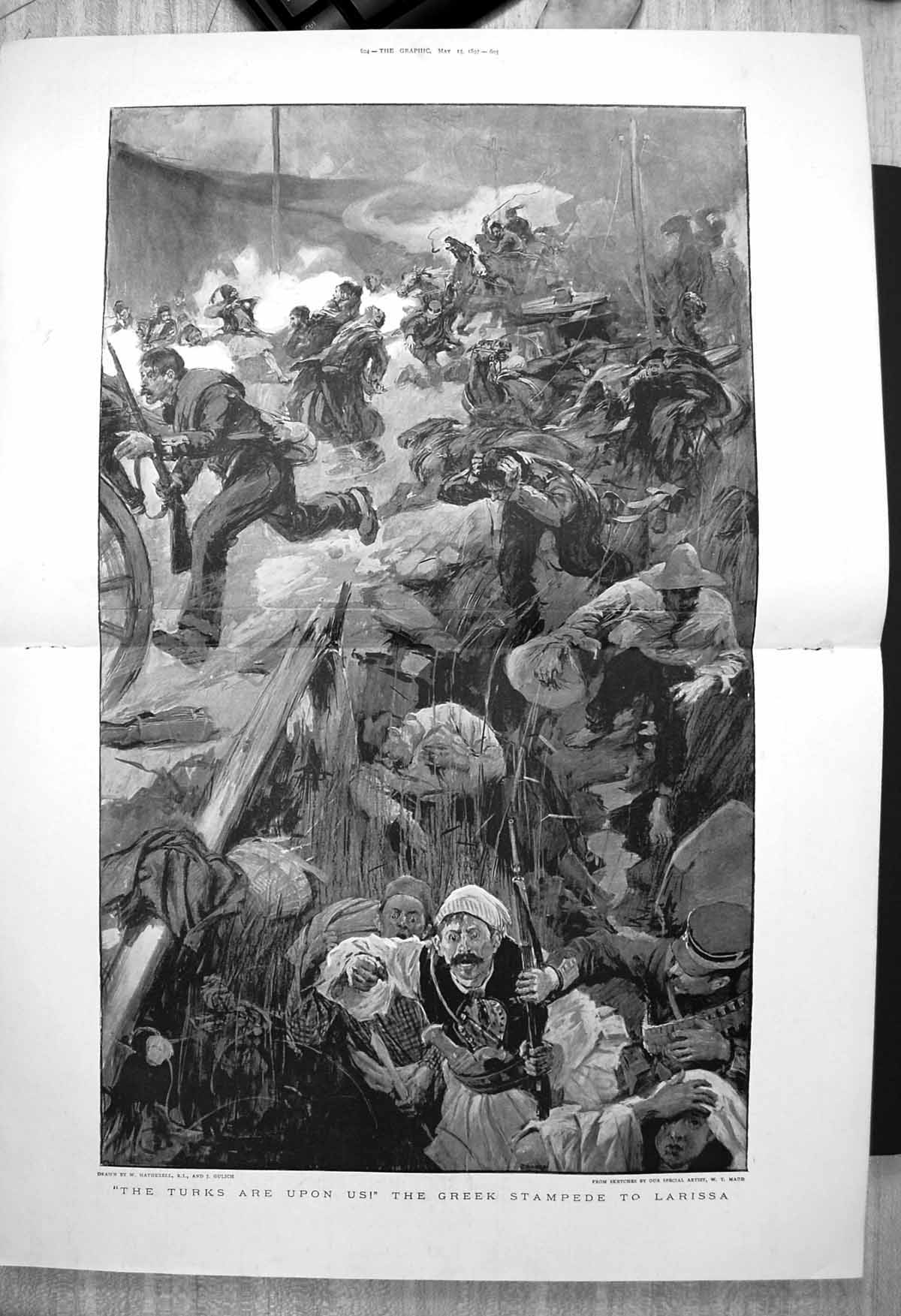 Original Old Antique Print Turks Upon Us Greek Stampede Larissa W T Maud 1897