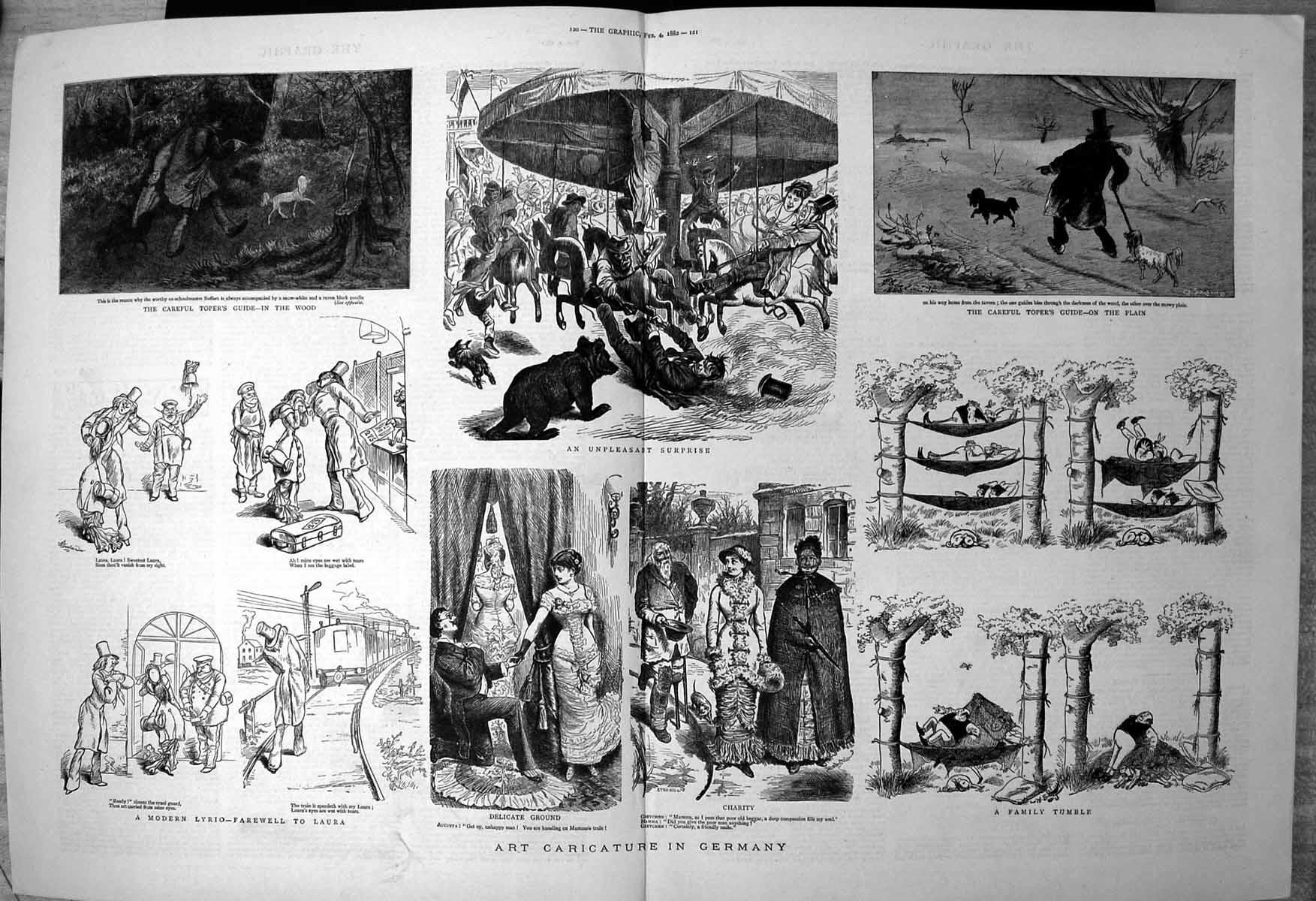 Old Print Art Caricature Germany Bear Merry Go Round Tumble Hammock 1882 19th