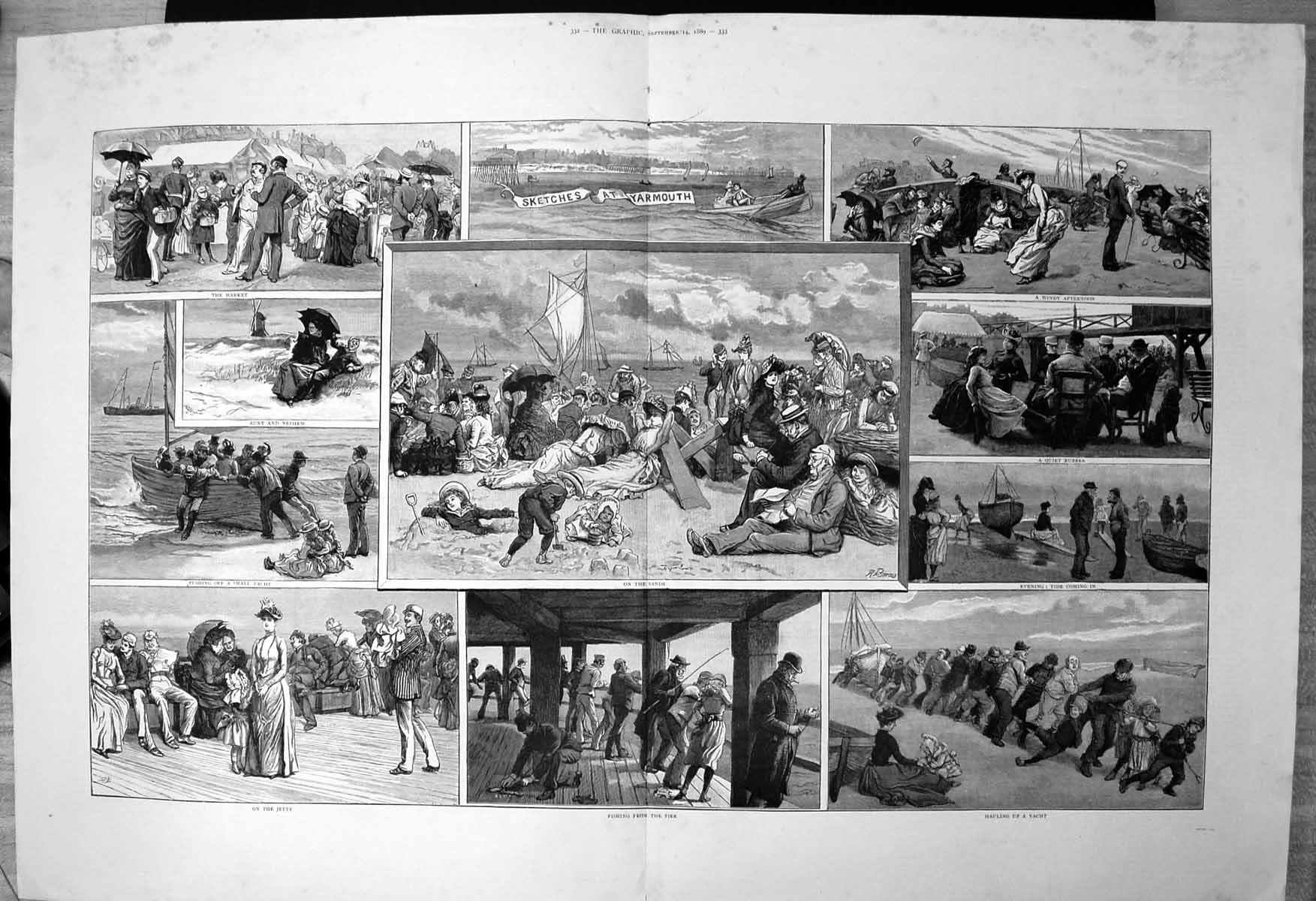 Antique Old Print Yarmouth Sands Fishing Pier Hauling Yacht Jetty Market 1889