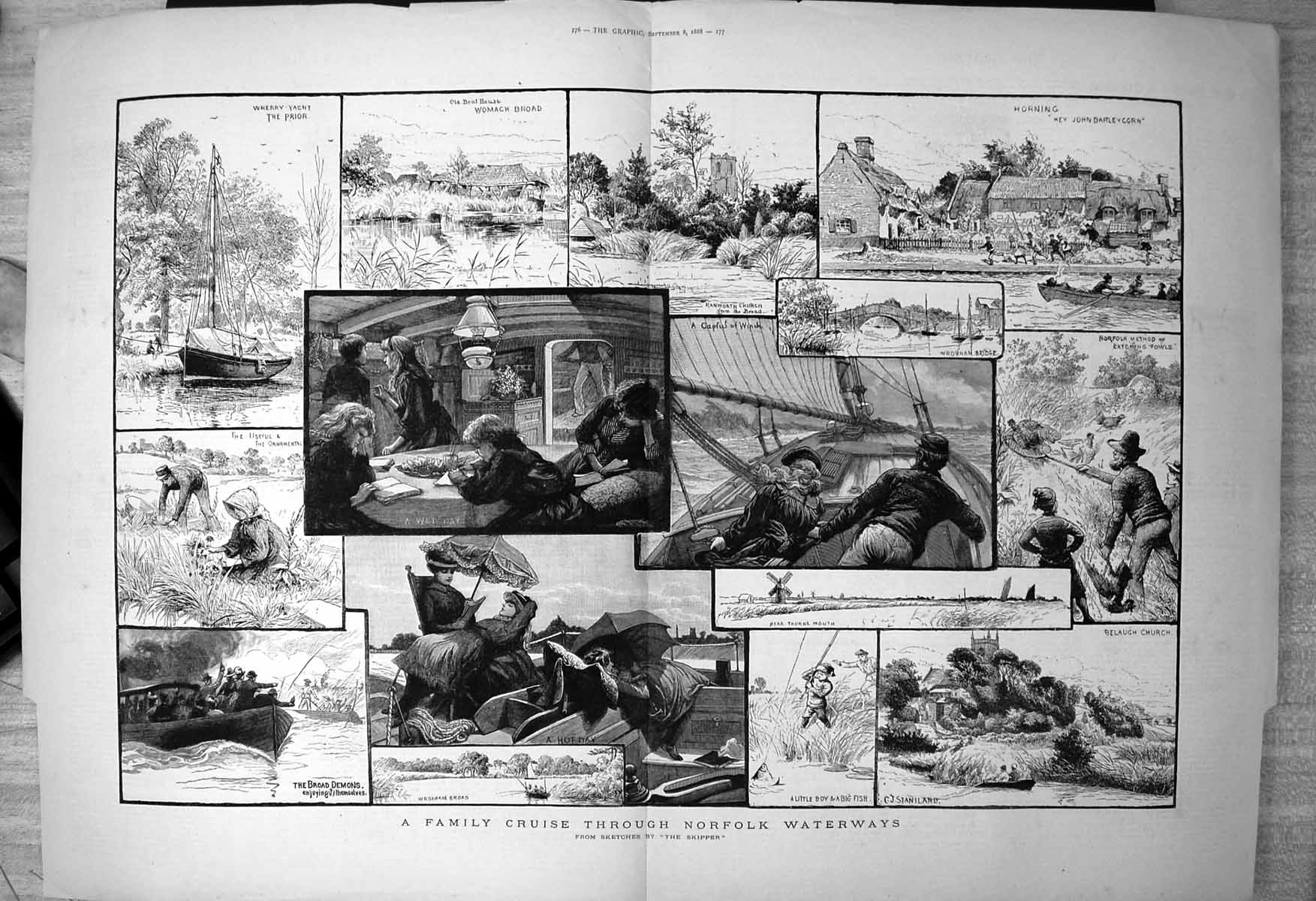 Antique Old Print Family Cruise Norfolk Waterways Windmill Thurne Mouth 1888