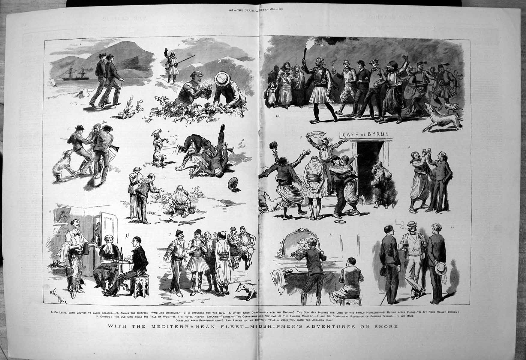 Antique Old Print Mediterranean Fleet Midshipmens Adventures On Shore 1882 19th