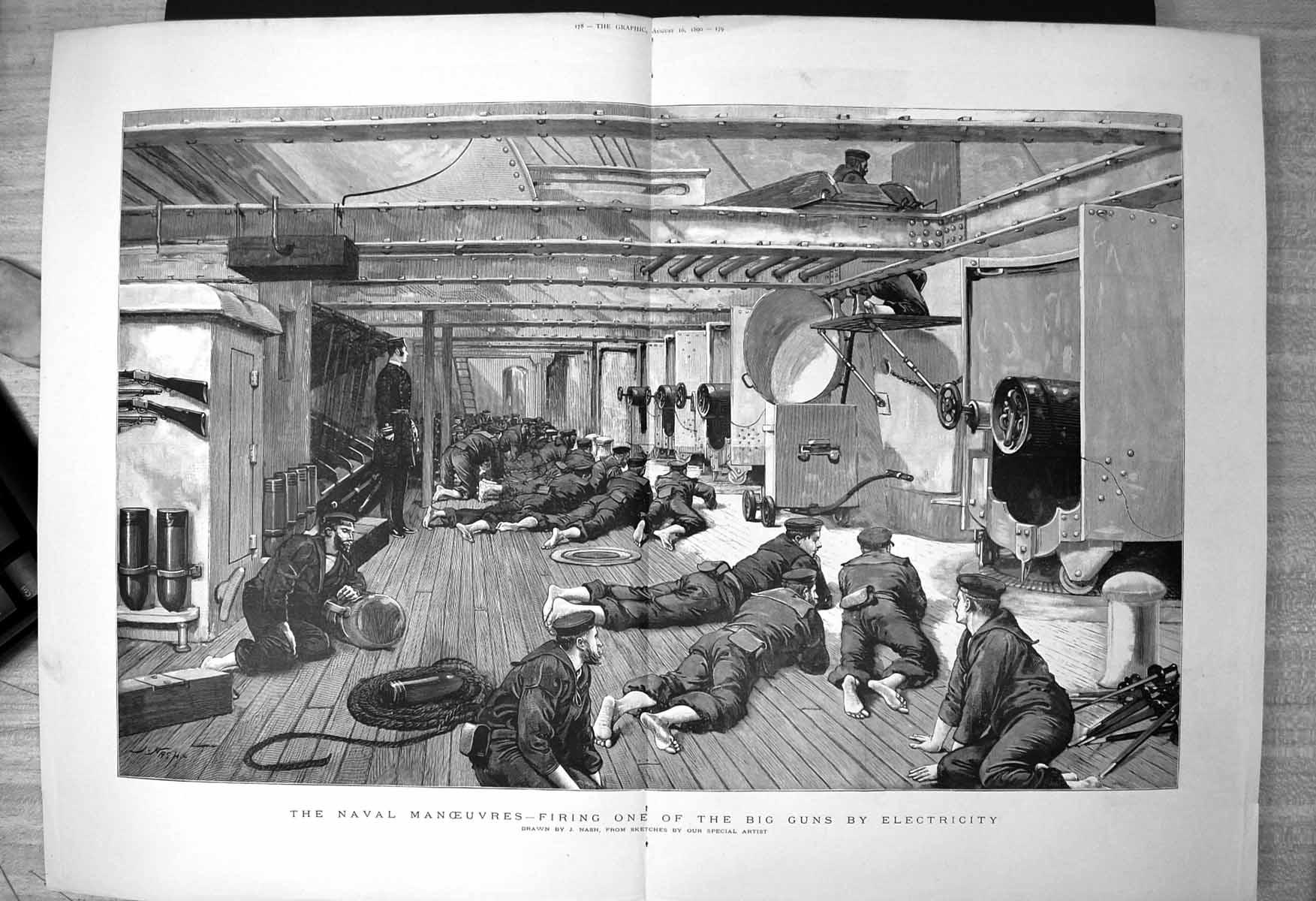 Antique Old Print Naval Manoeuvres Firing One Big Guns By Electricity 1890 19th