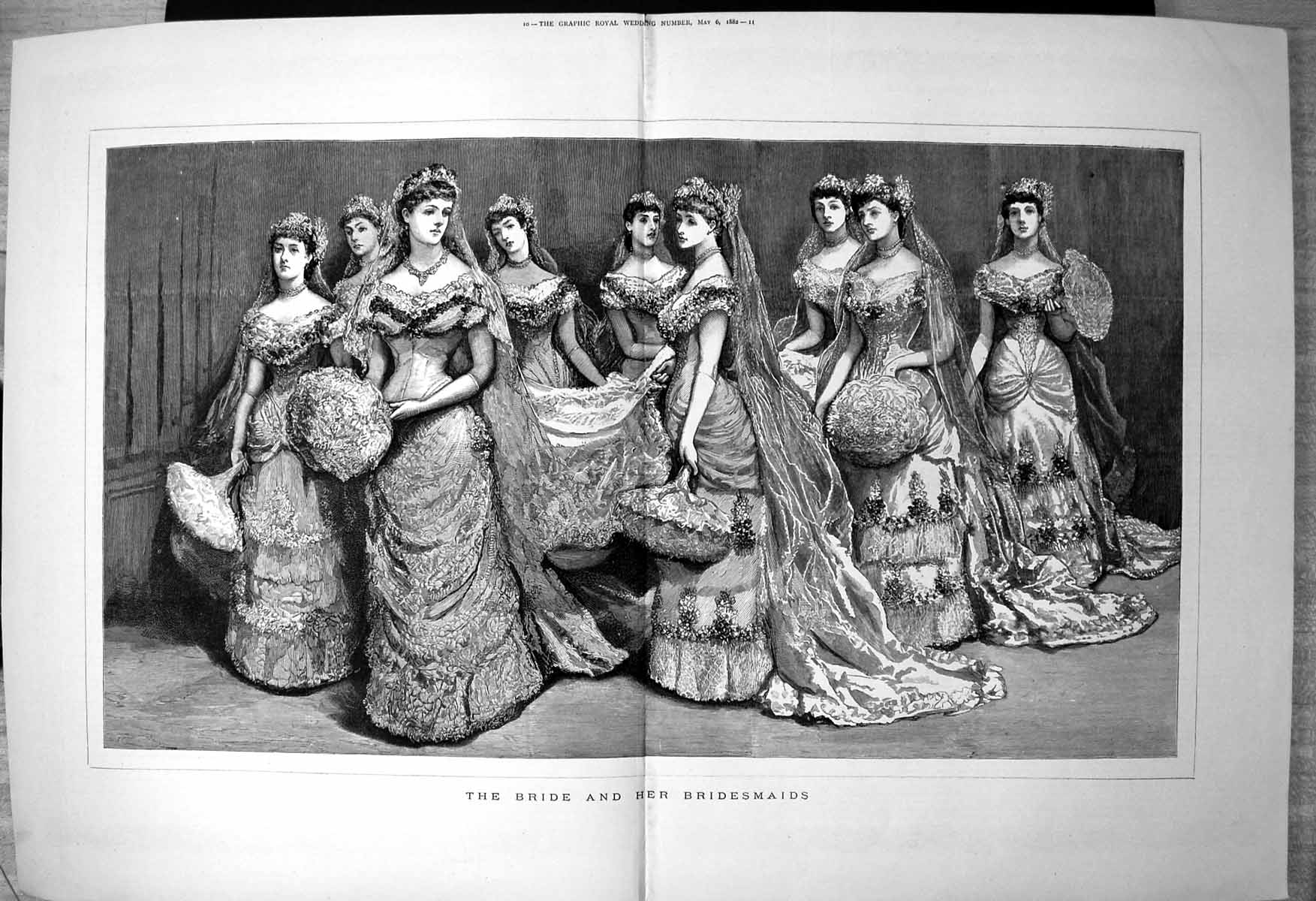Antique Old Print Bride Princess Helen Waldeck Bridesmaids Wedding Day 1882