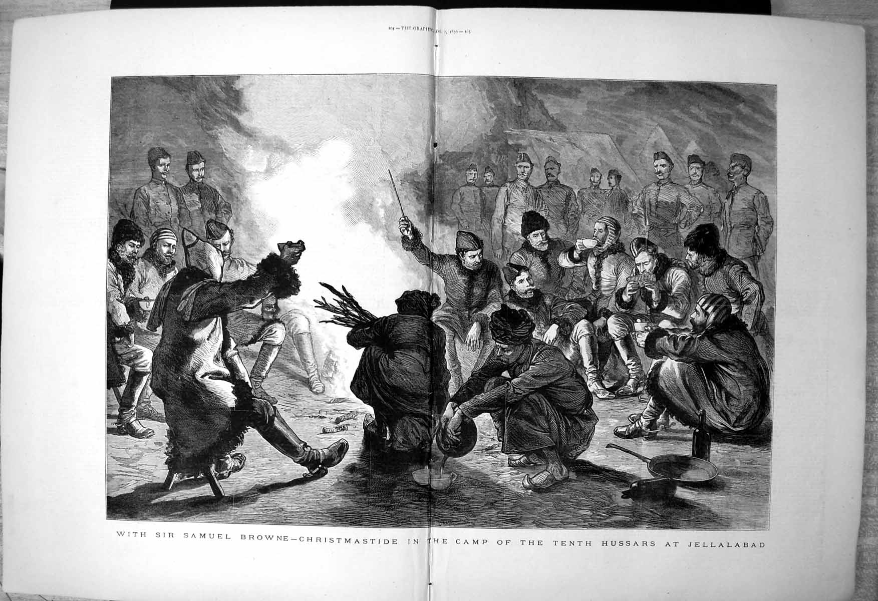 Original Old Antique Print Sir Samuel Browne Camp Tenth Hussars Jellalabad 1879