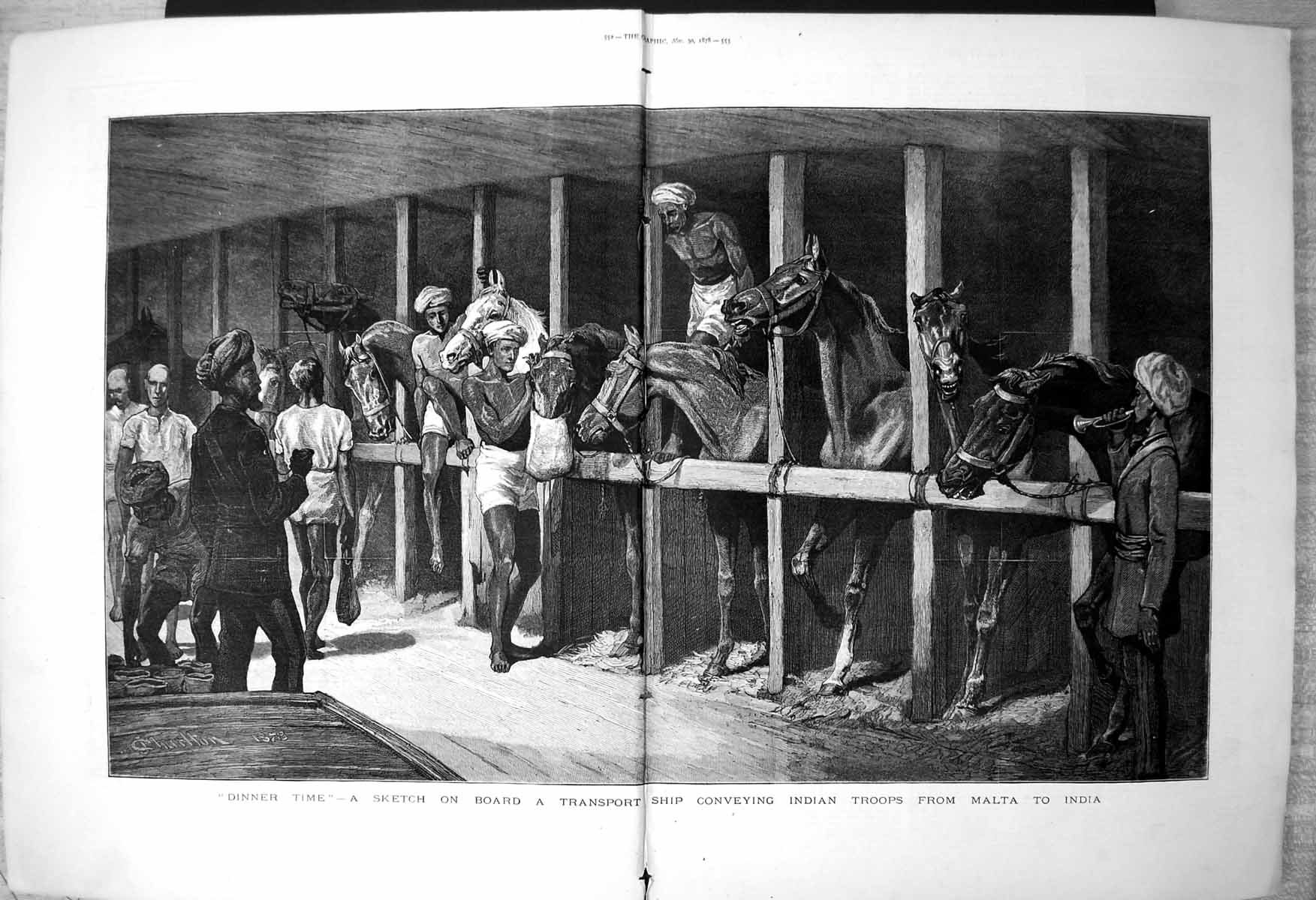 Old Dinner Time Sketch Transport Ship Conveying Indian Troops India 1878 19th
