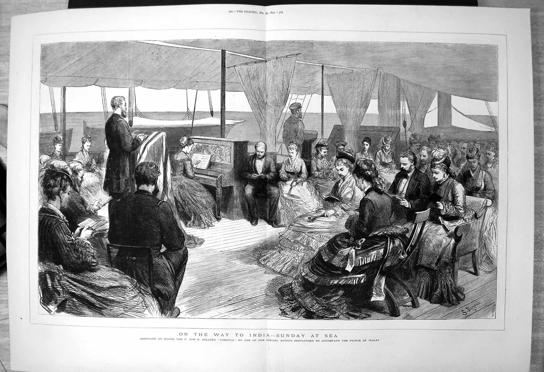Old Print Way India Sunday Sea On Board Steamer Sumatra Prince Wales 1875 19th
