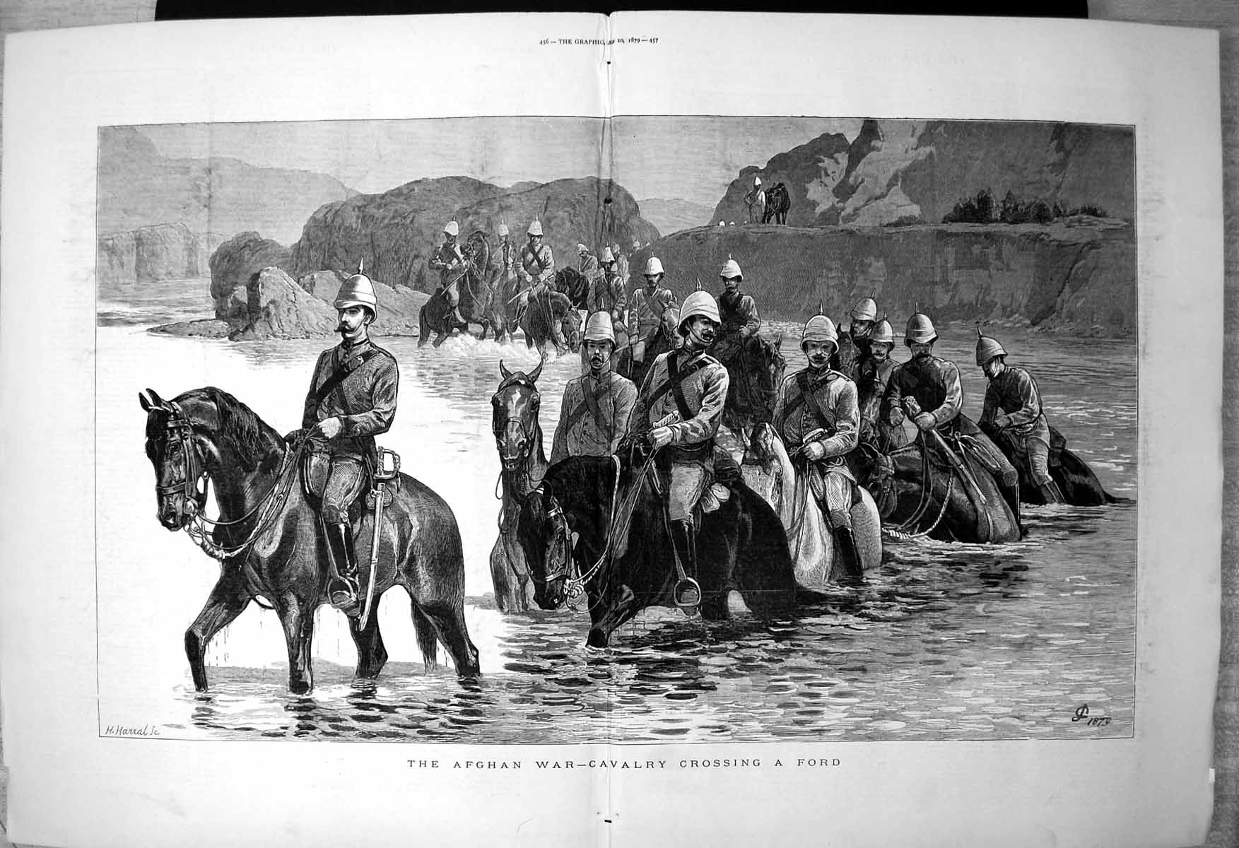 Antique Old Print Afghan War Cavalry Crossing Ford Horseback H Harral 1879 19th