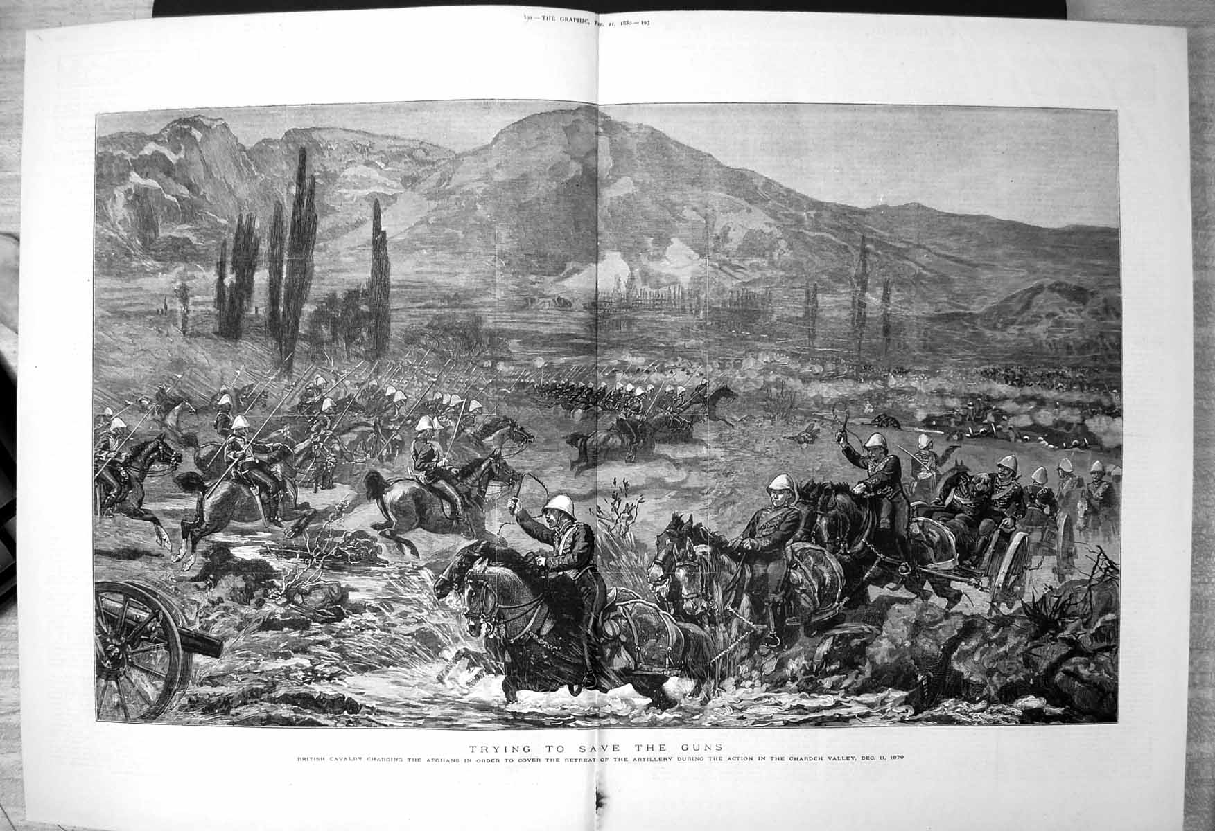 Old Print British Cavalry Charging Afghans Retreat Artillery Chardeh 1879 19th