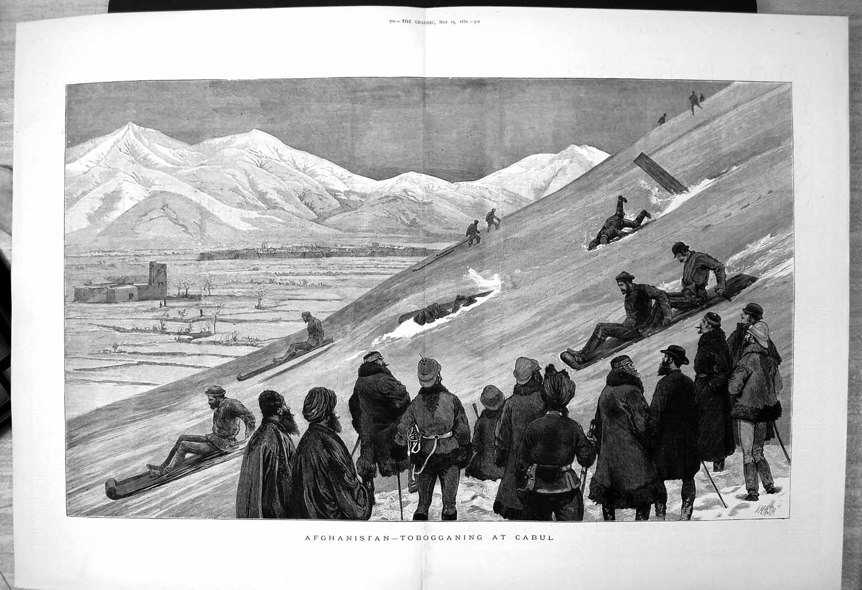 Old Antique Print Afghanistan Tobogganing Cabul Steep Hill Onlookers 1880 19th