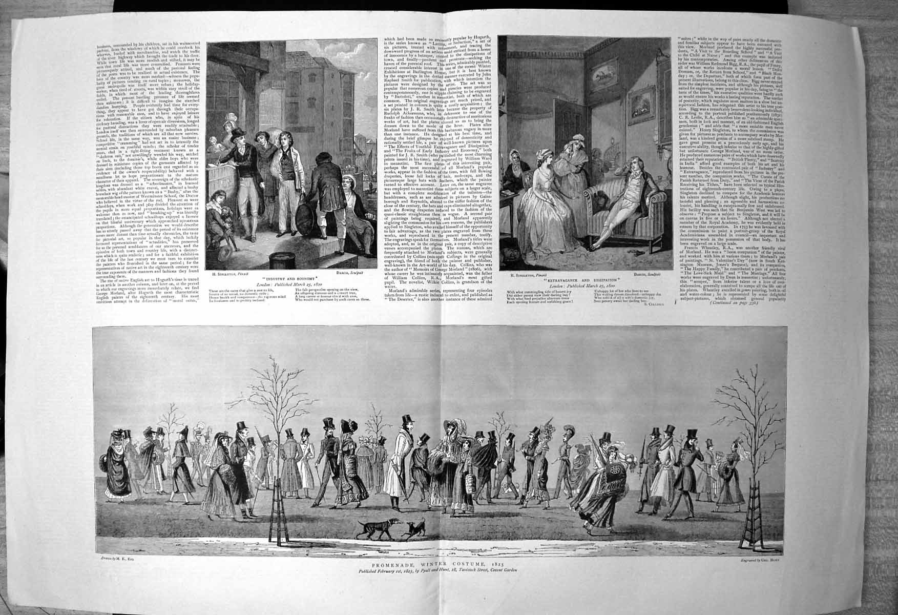 Antique Old Print Promenade Winter Costume 1825 Industry Economy 1800 1884 19th