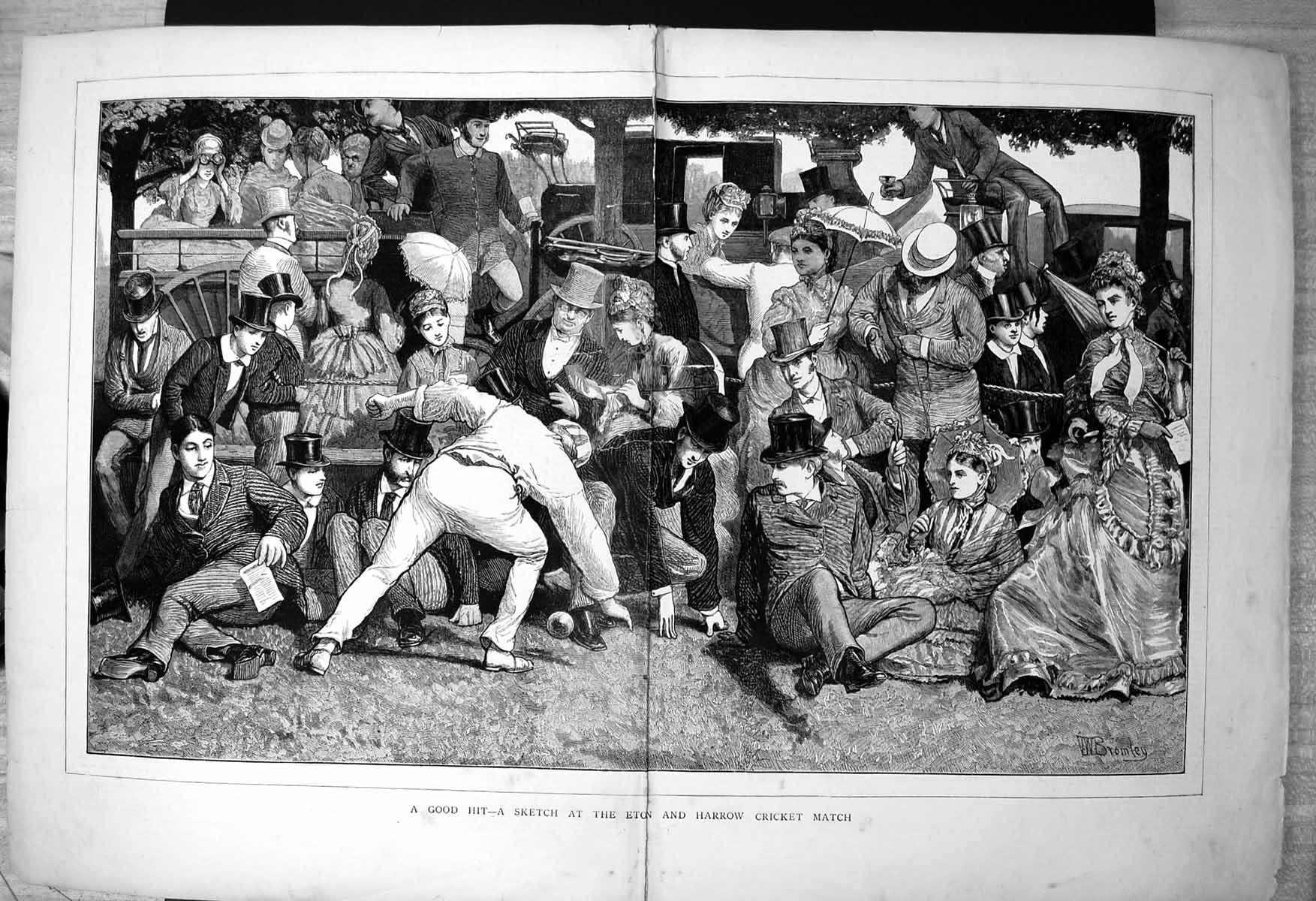 Old Antique Print Good Hit Sketch Eton Harrow Cricket Match 1872 Damaged 19th