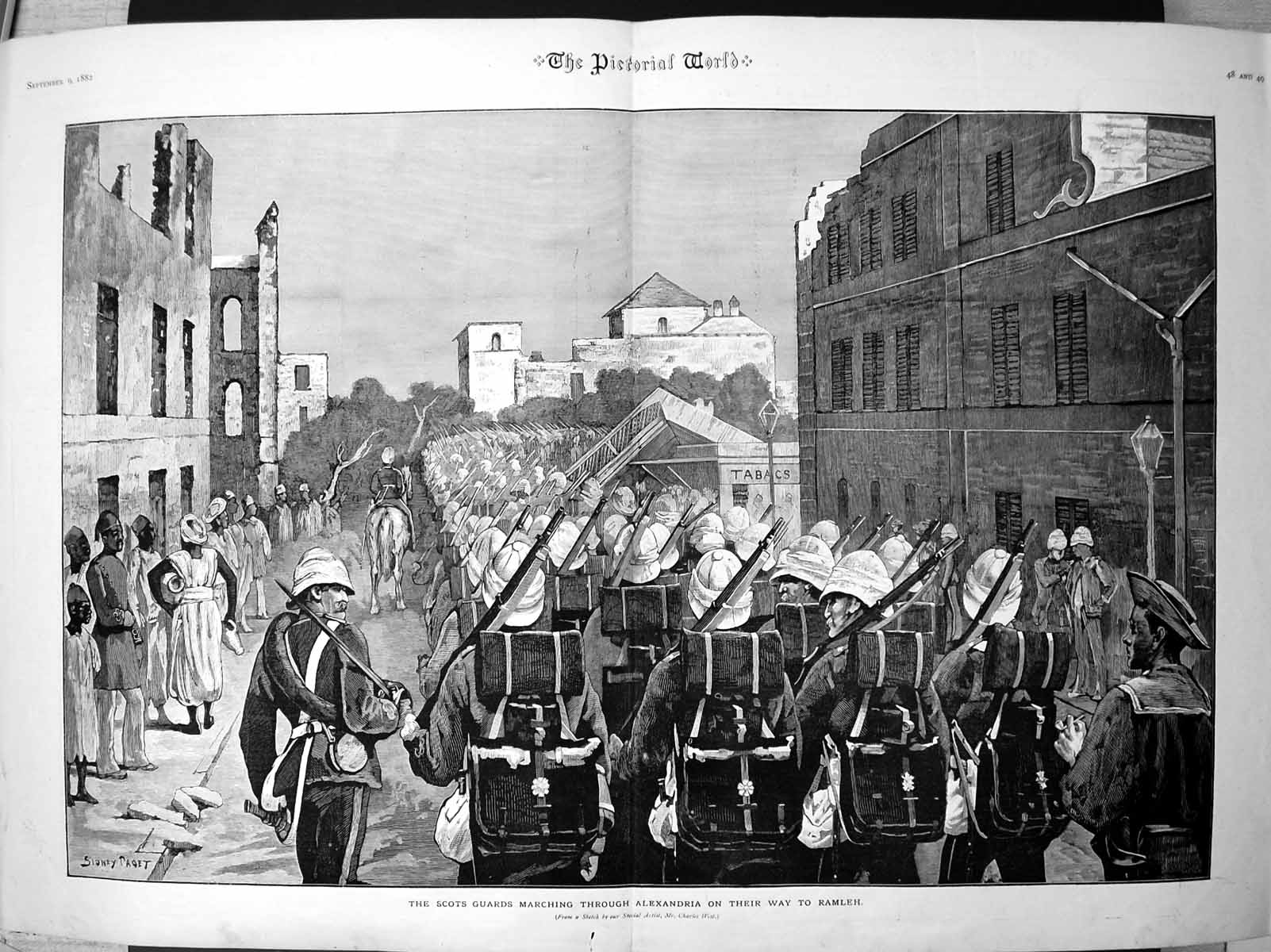 Antique Print Scots Guards Marching Through Alexandria Heading Ramleh 1882 19th