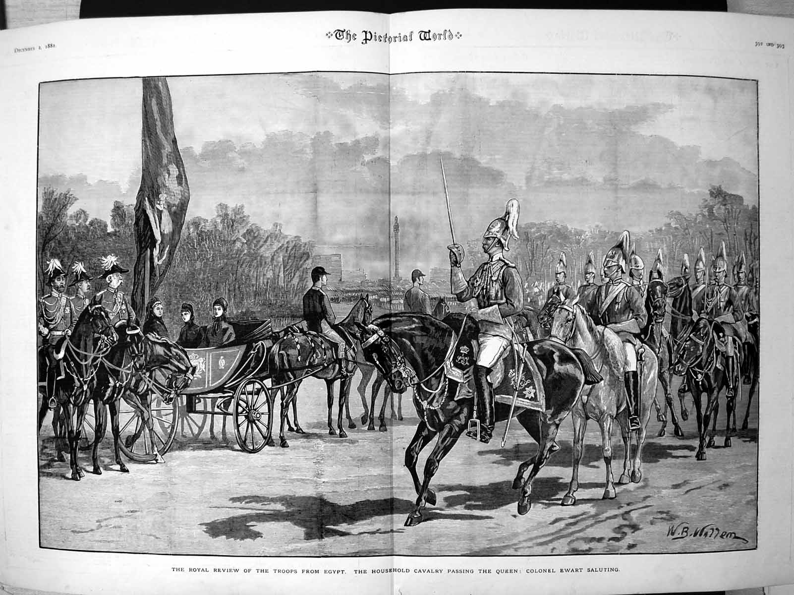 Original Old Antique Print HousehCavalry Passing Queen Royal Review Egypt 1882