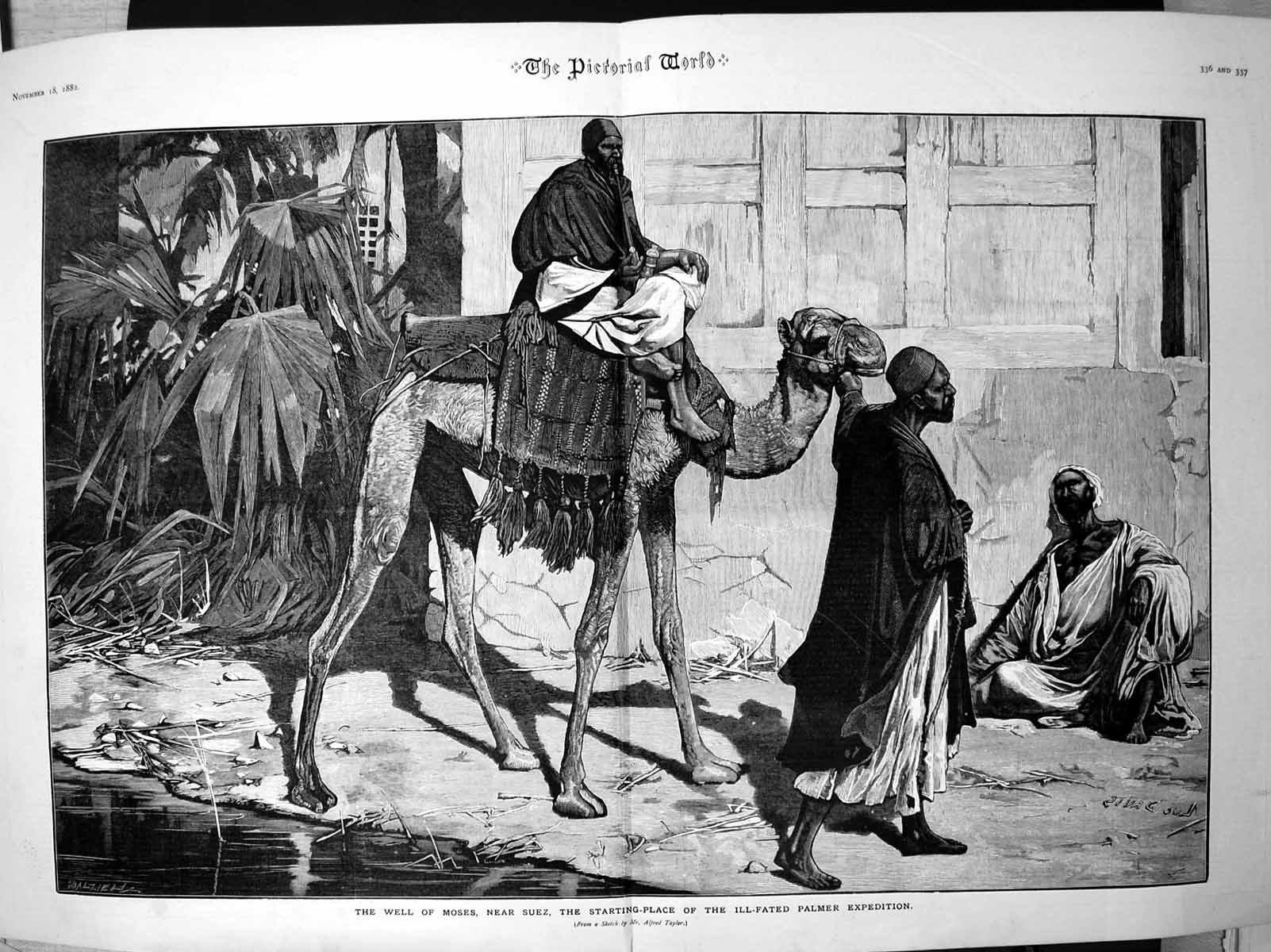 Antique Old Print Well Moses Near Suez Man Seated Camel Another Leading 1882