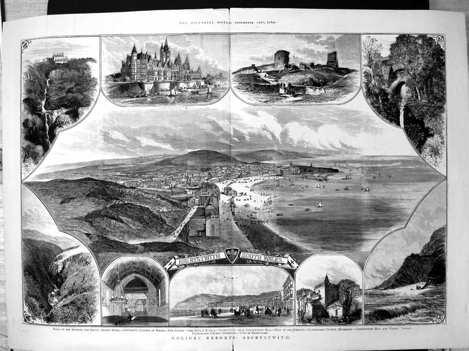Antique Old Print Holiday Resorts Aberystwith Falls Castle Cove Town Bay 1877