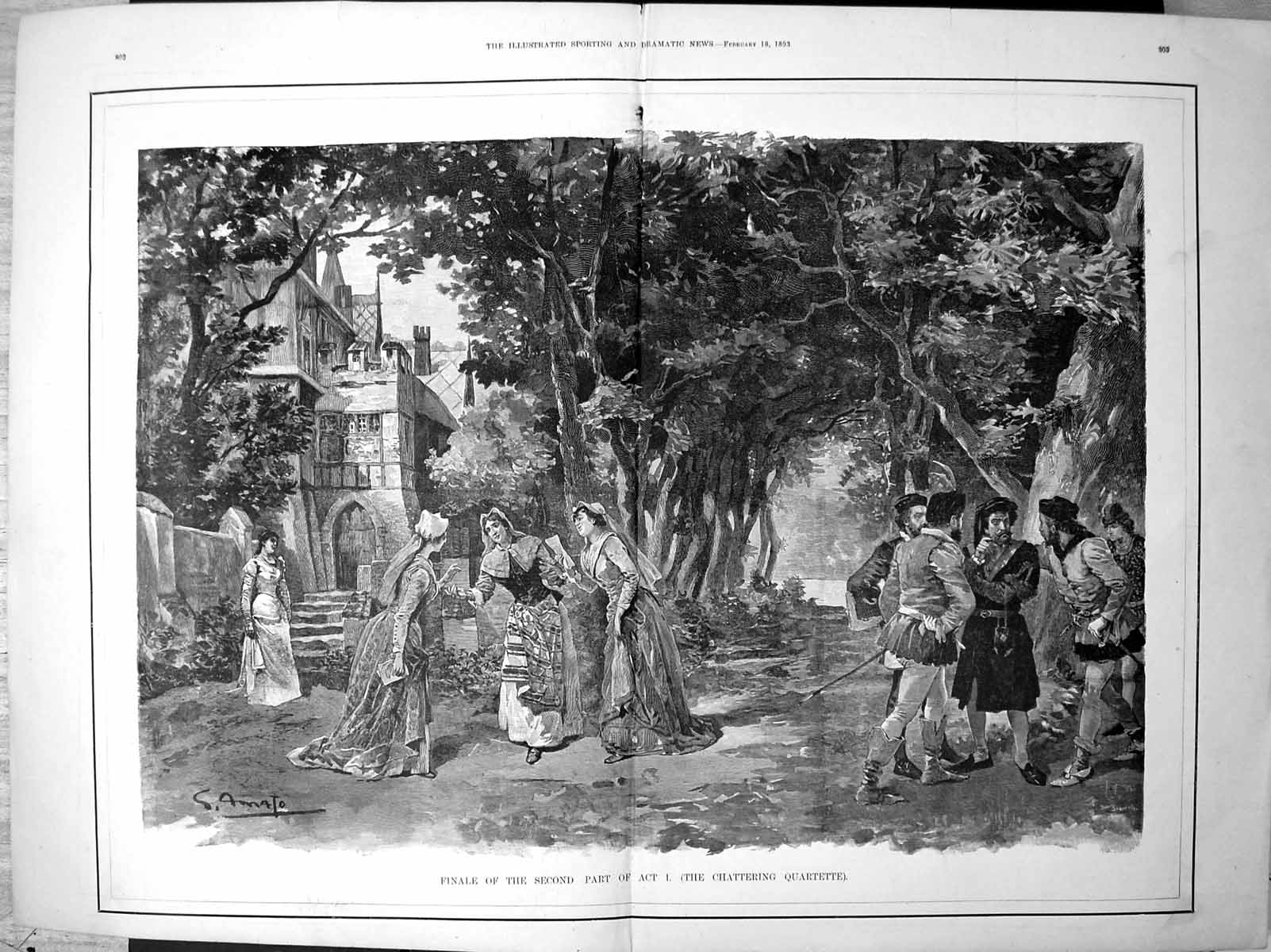 Old Print The Chattering Quartette Ladies Gentlemen Cathedral Trees 1893 19th