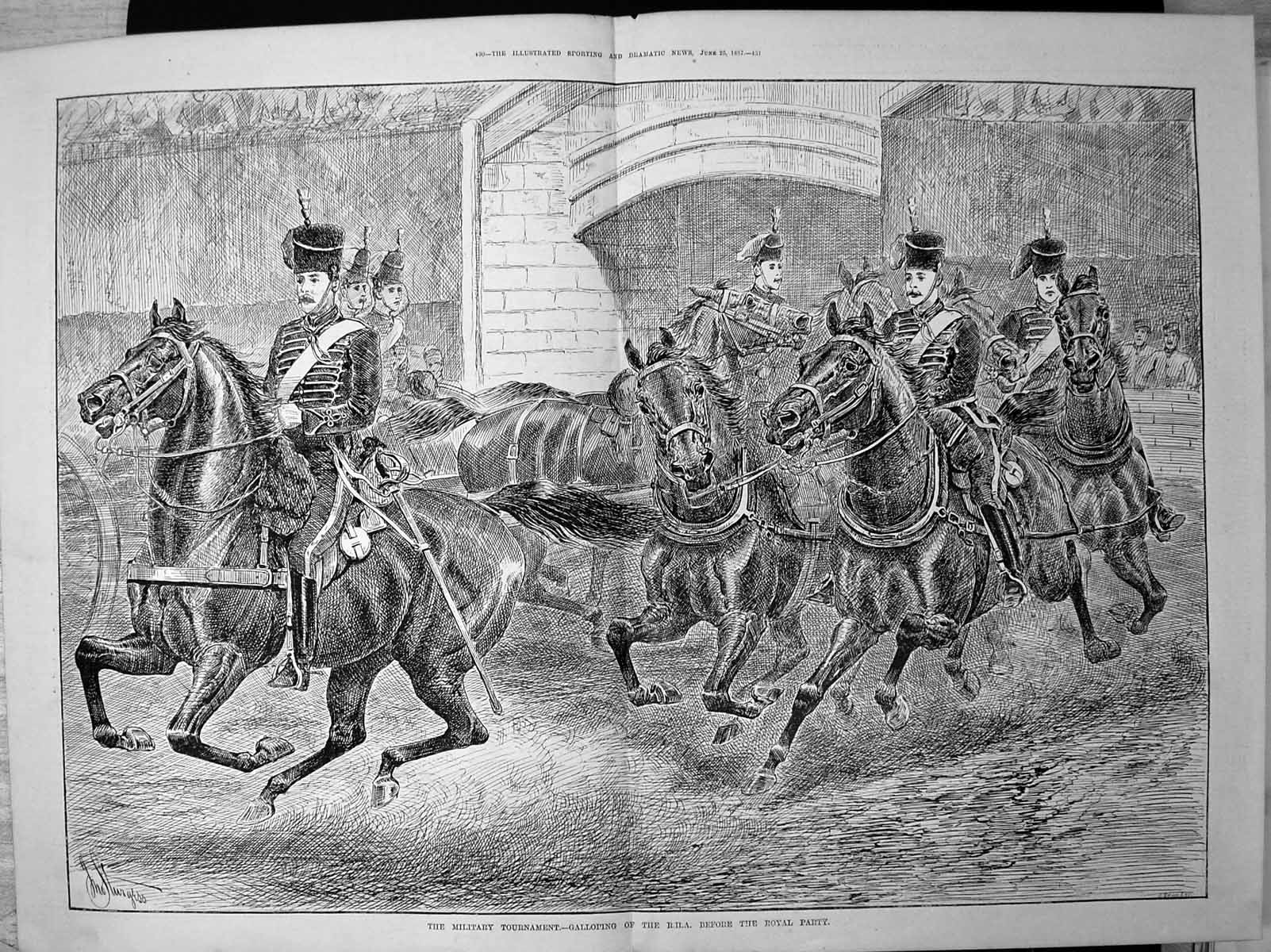 Antique Old Print Military Tournament Galloping Rha Before Royal Party 1887