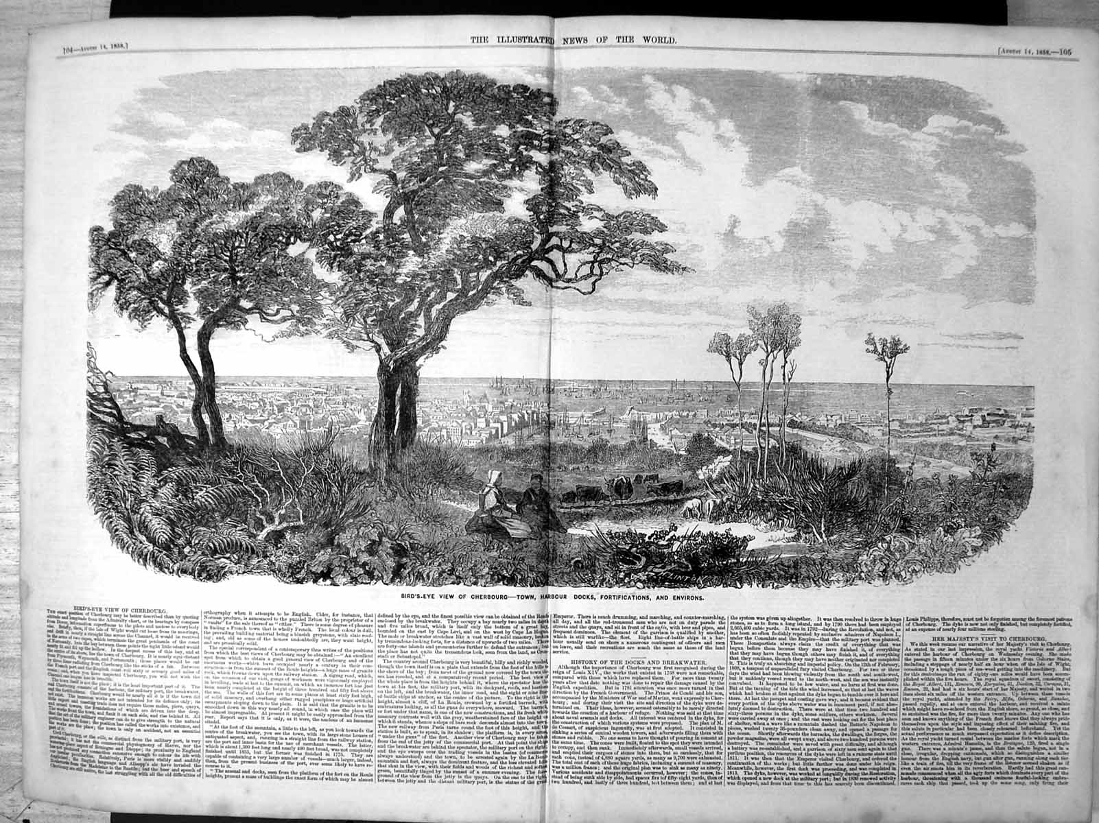 Old Bird'S-Eye View Cherbourg Town Harbour Docks Fortifications 1858 Victorian