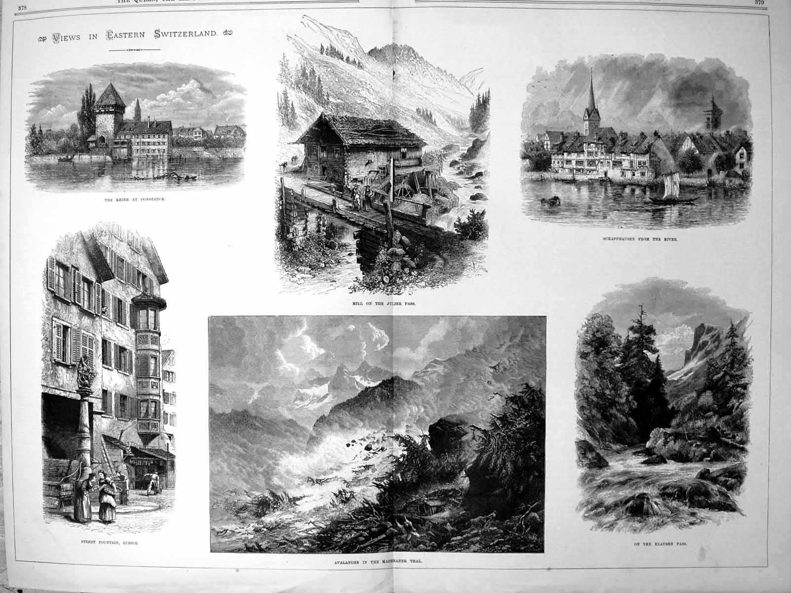 Antique Print Views Eastern Switzerland Rhine Constance Avalanche Mill 1887