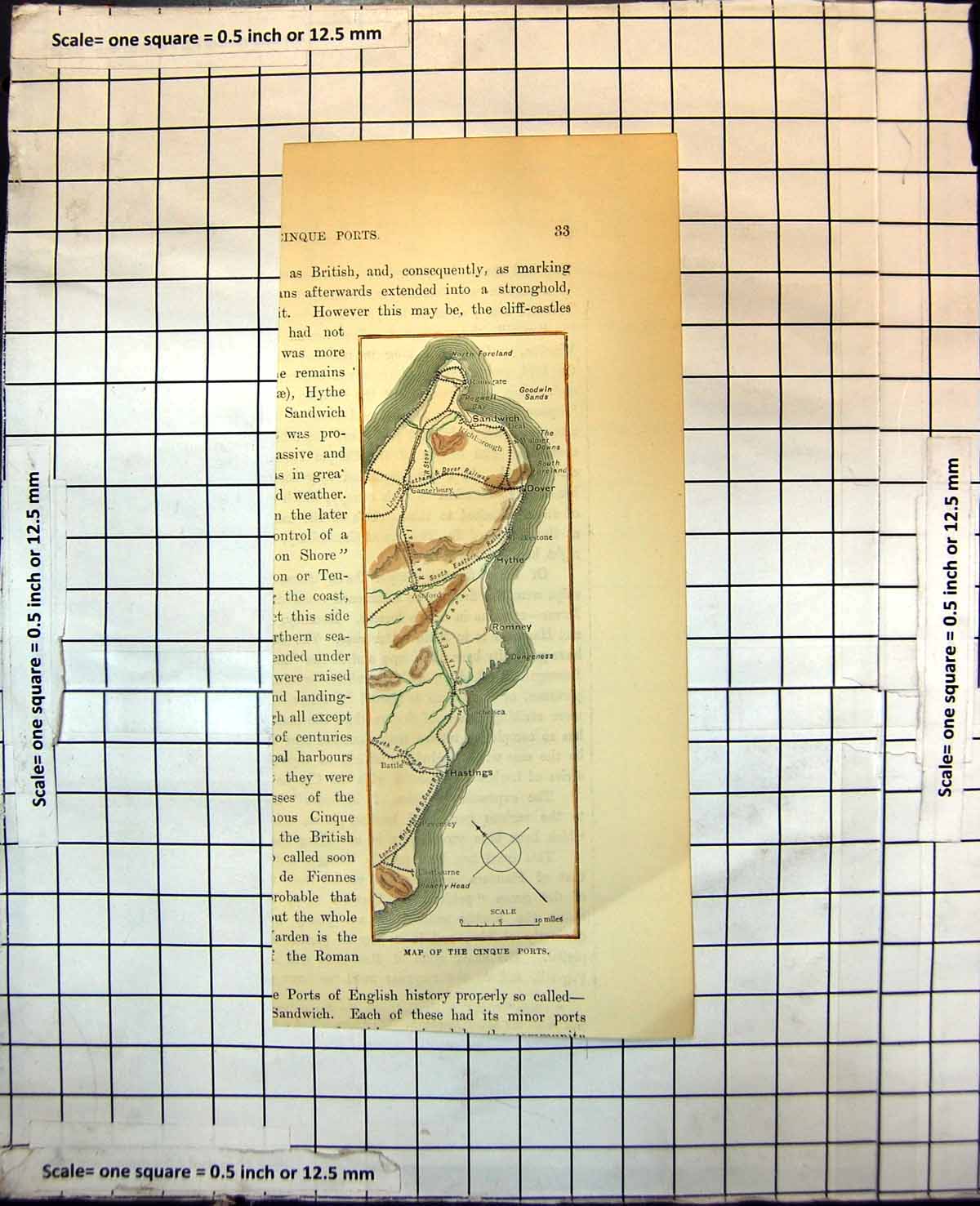 Old Print Map Cinque Ports Dover Hythe North Foreland Romney Hastings 101J