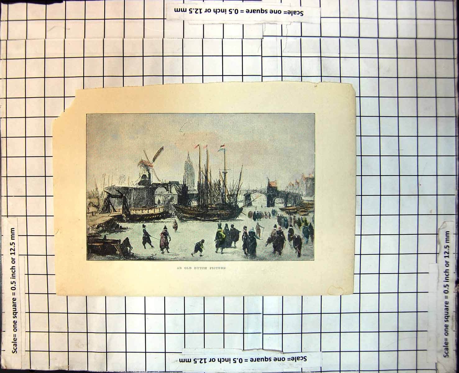 Old An Dutch Picture Icebound River Sail Ship Skaters Bridge Mill 130J