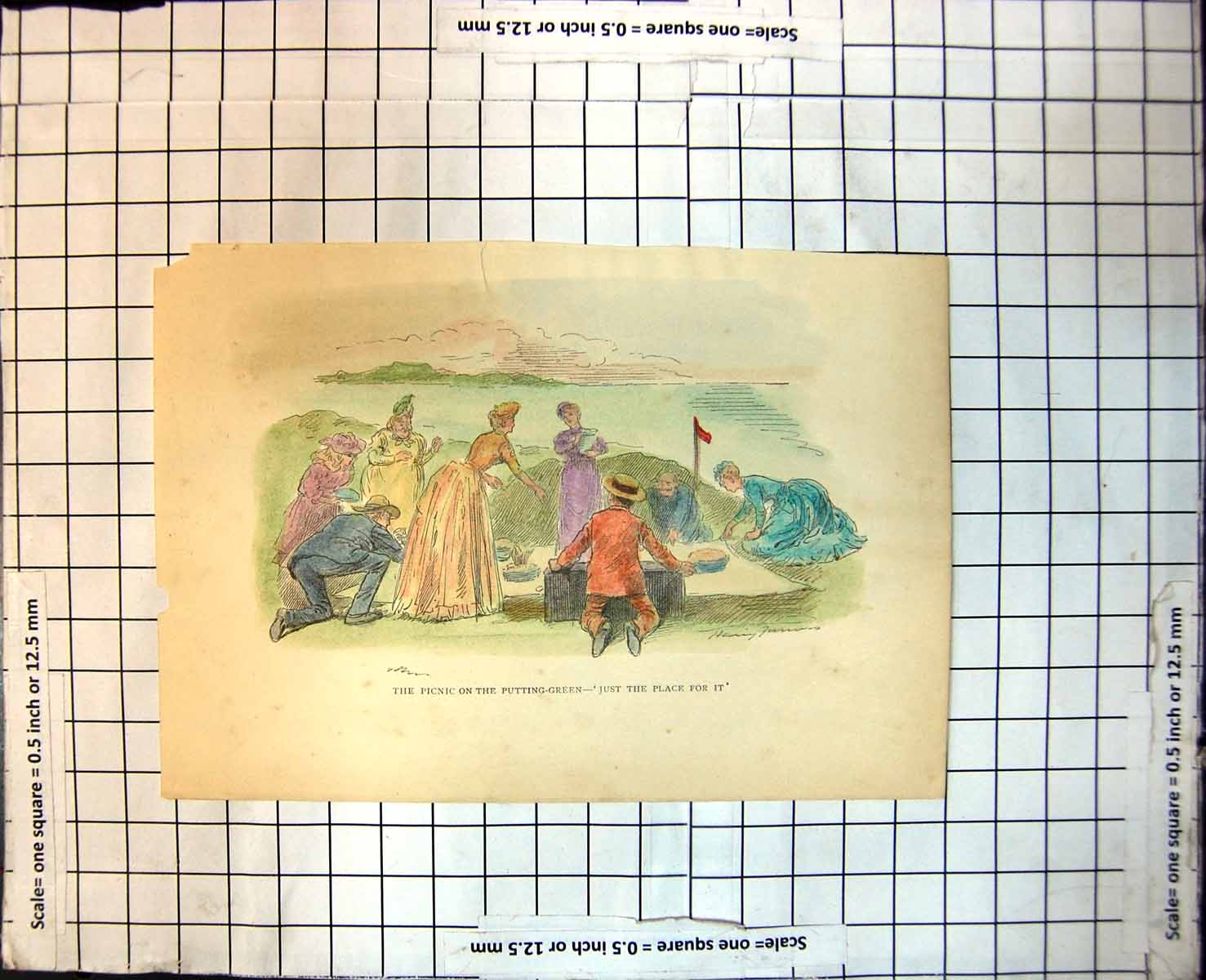 Old Print Picnic Putting Green Group People Setting Up Dresses Casual 132J