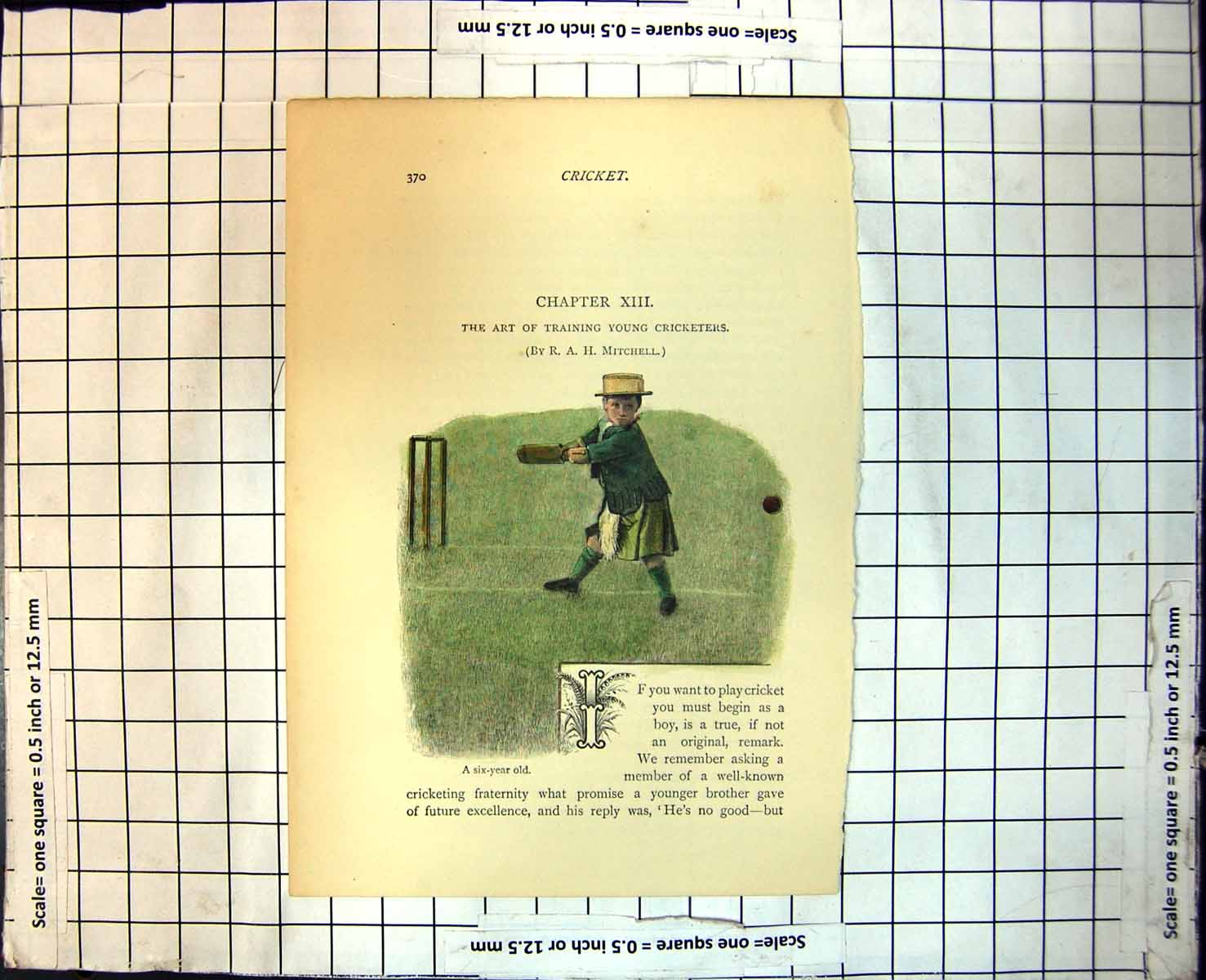 Antique Print Art Training Young Cricketers Six Year Boy Batting Wicket 135J
