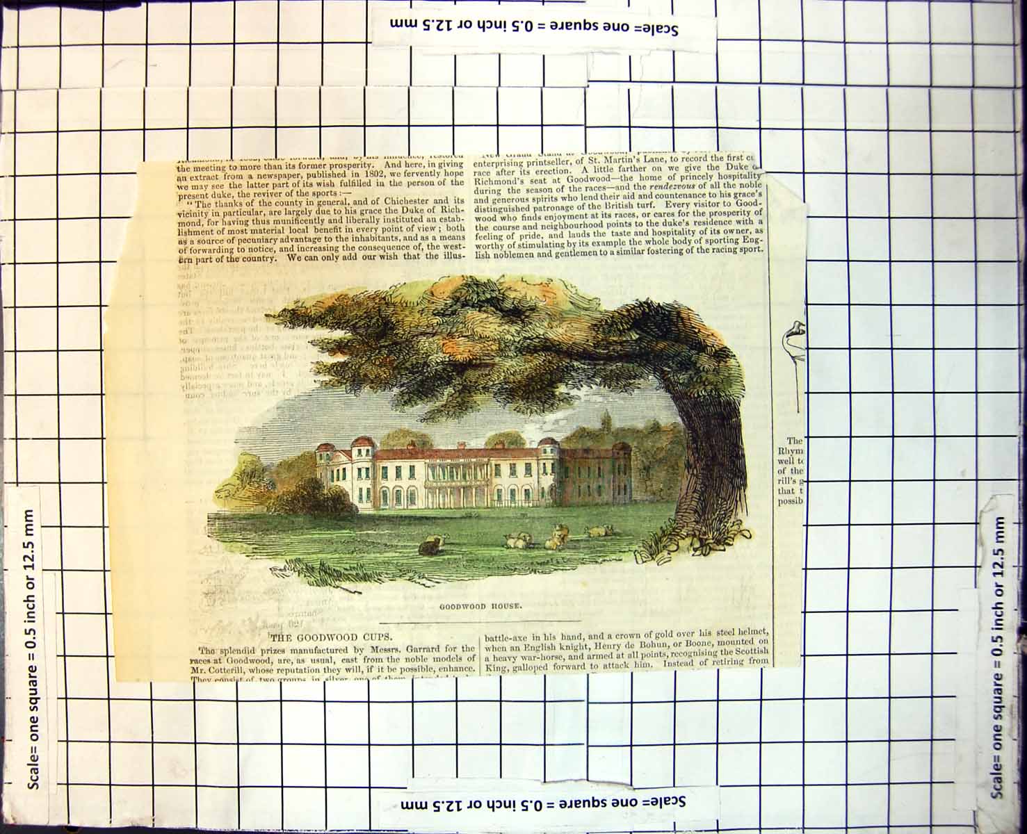 Old Print Goodwood House View Across Sheep Fields Tree Columns Bushes 138J