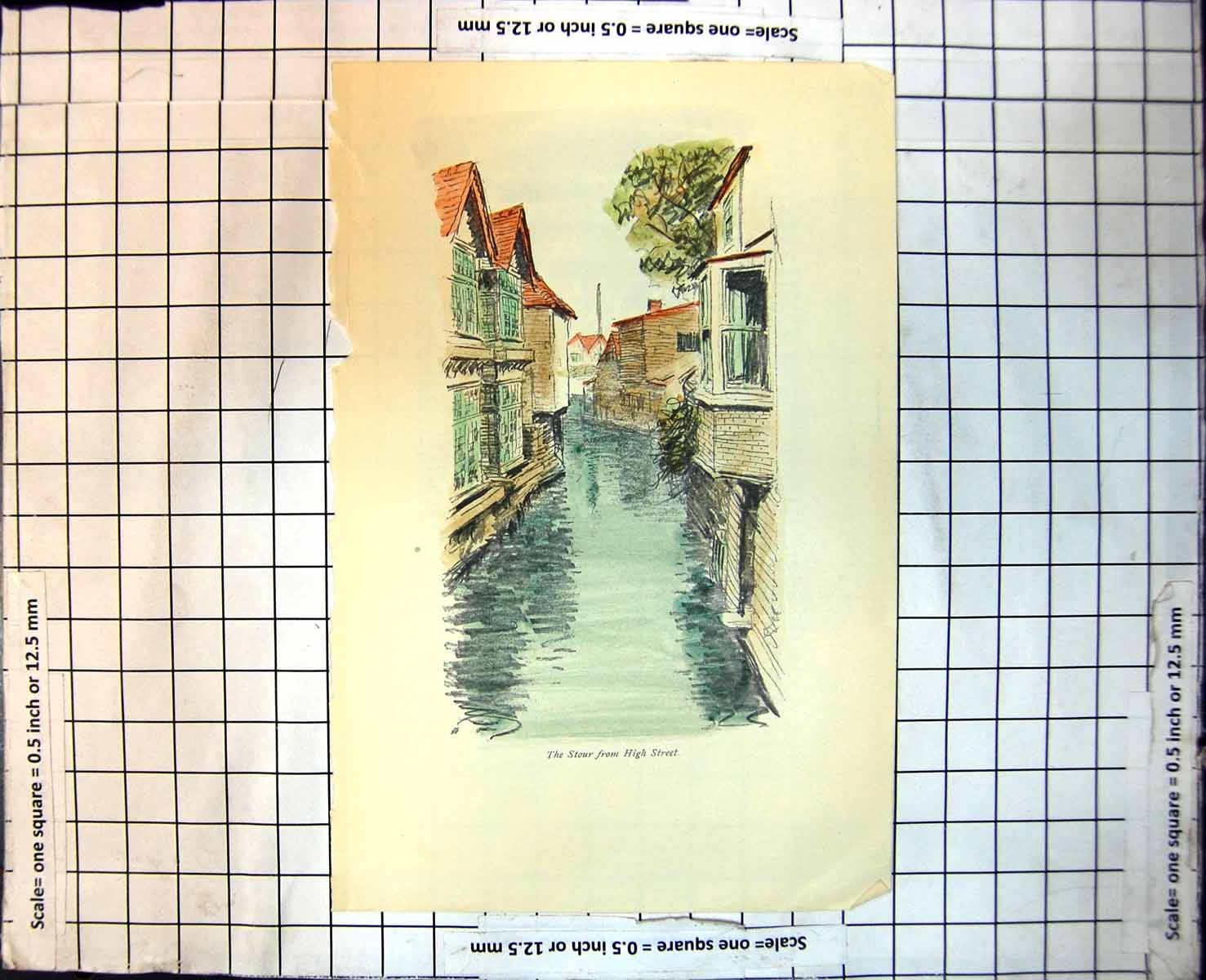 Antique Print The Stour From High Street Water Beteen Buildings Windows 143J