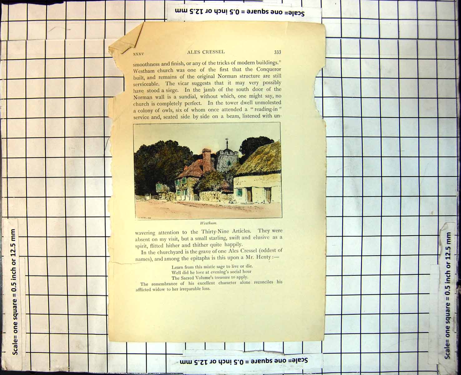 Antique Print Westham Church Houses Tiled RoThatch Exposed Beams Trees 148J