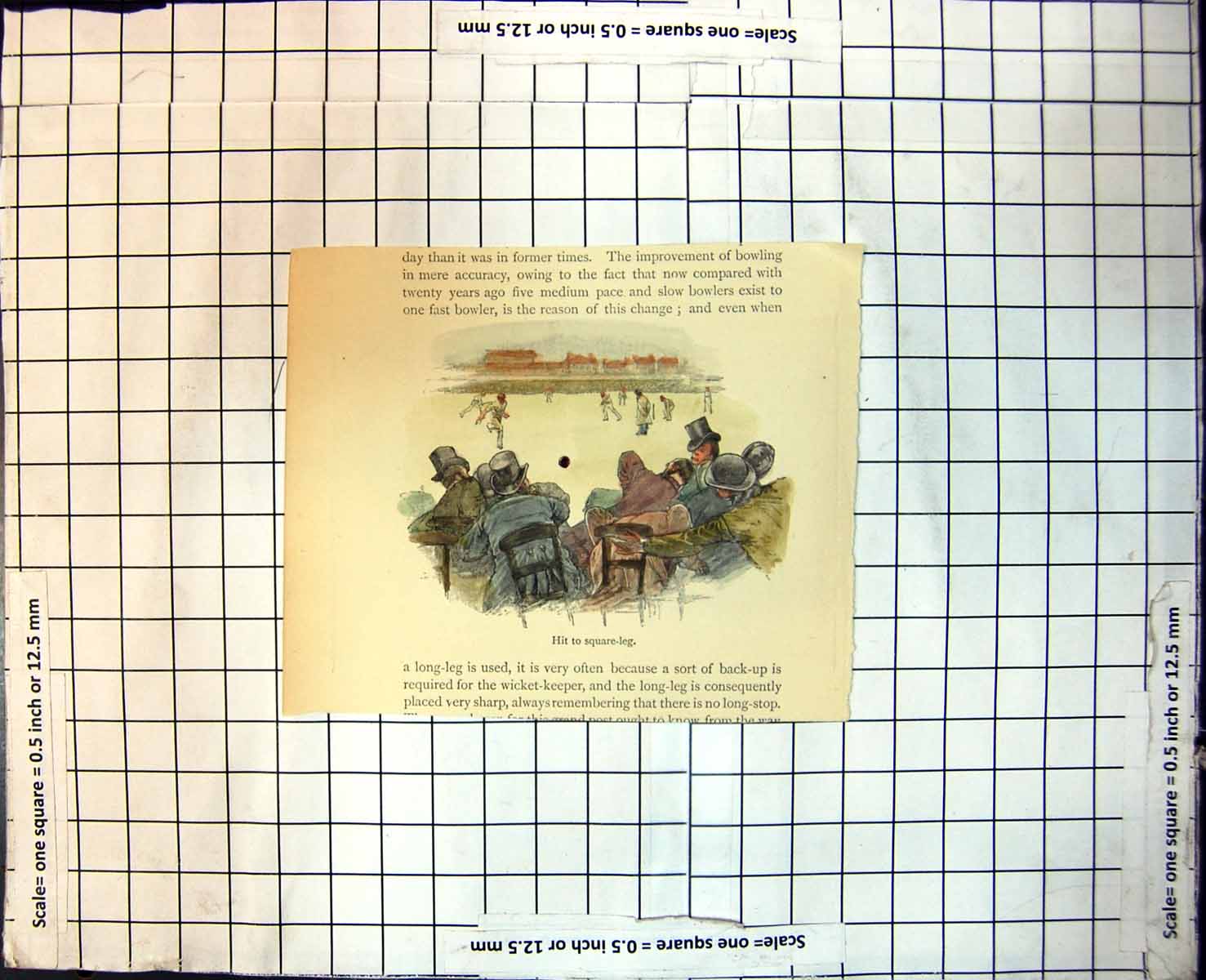 Old Print Cricket Hit To Square Leg Onlookers Moving Out Way Top Hats 151J