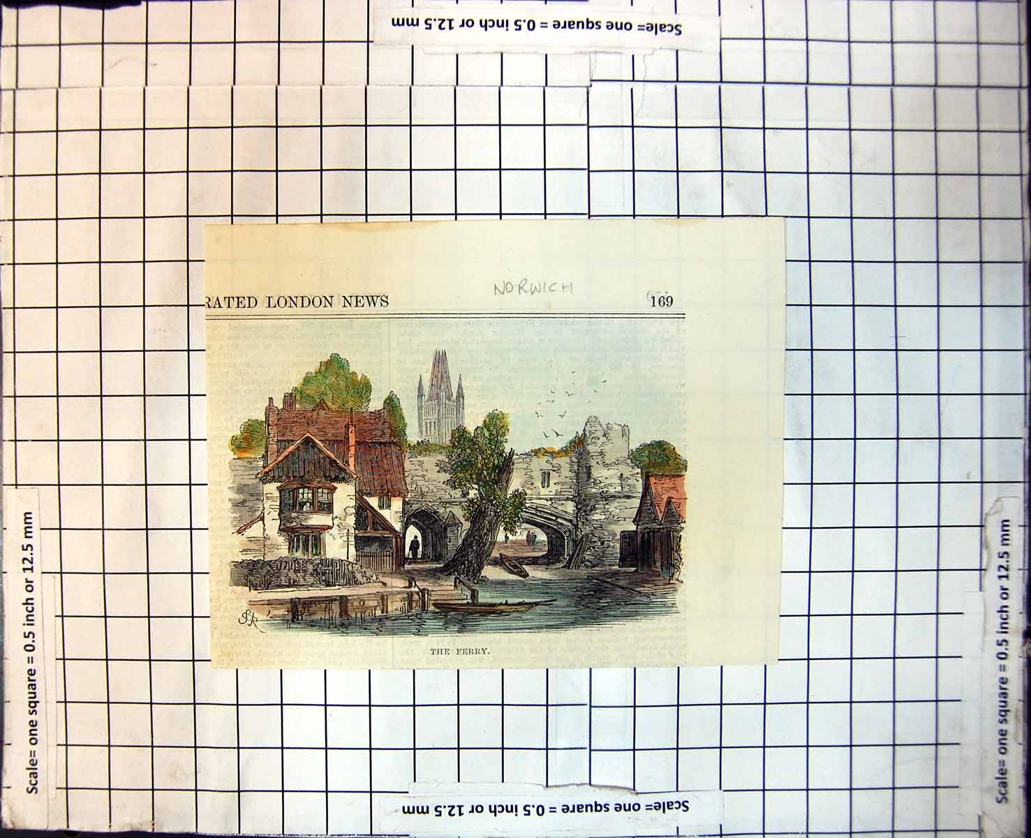 Old Print Ferry Norwich England Platform Steps Rowing Boat Buildings 158J