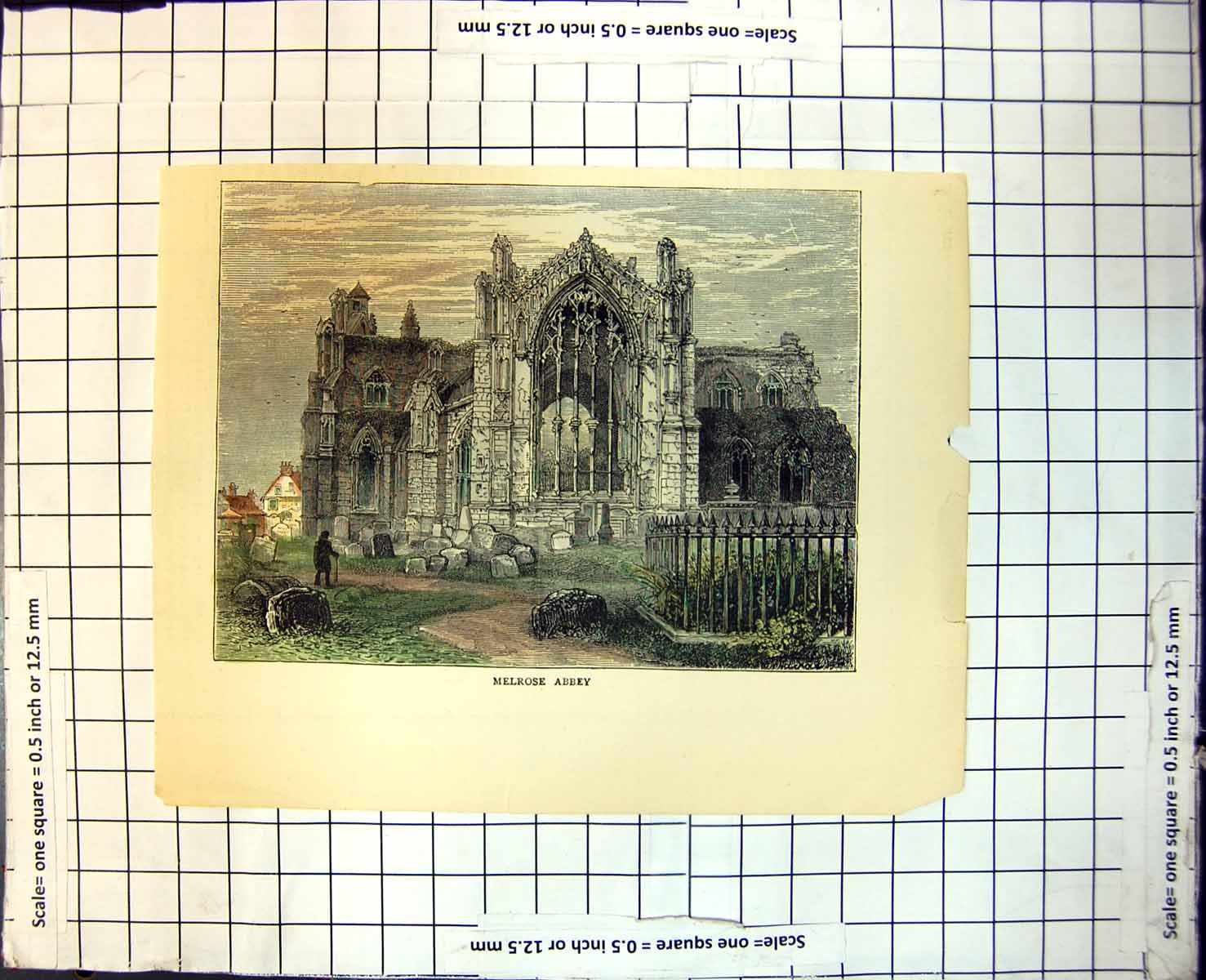 Old Print Melrose Abbey Imposing Stonework Slender Columns Graveyard 161J