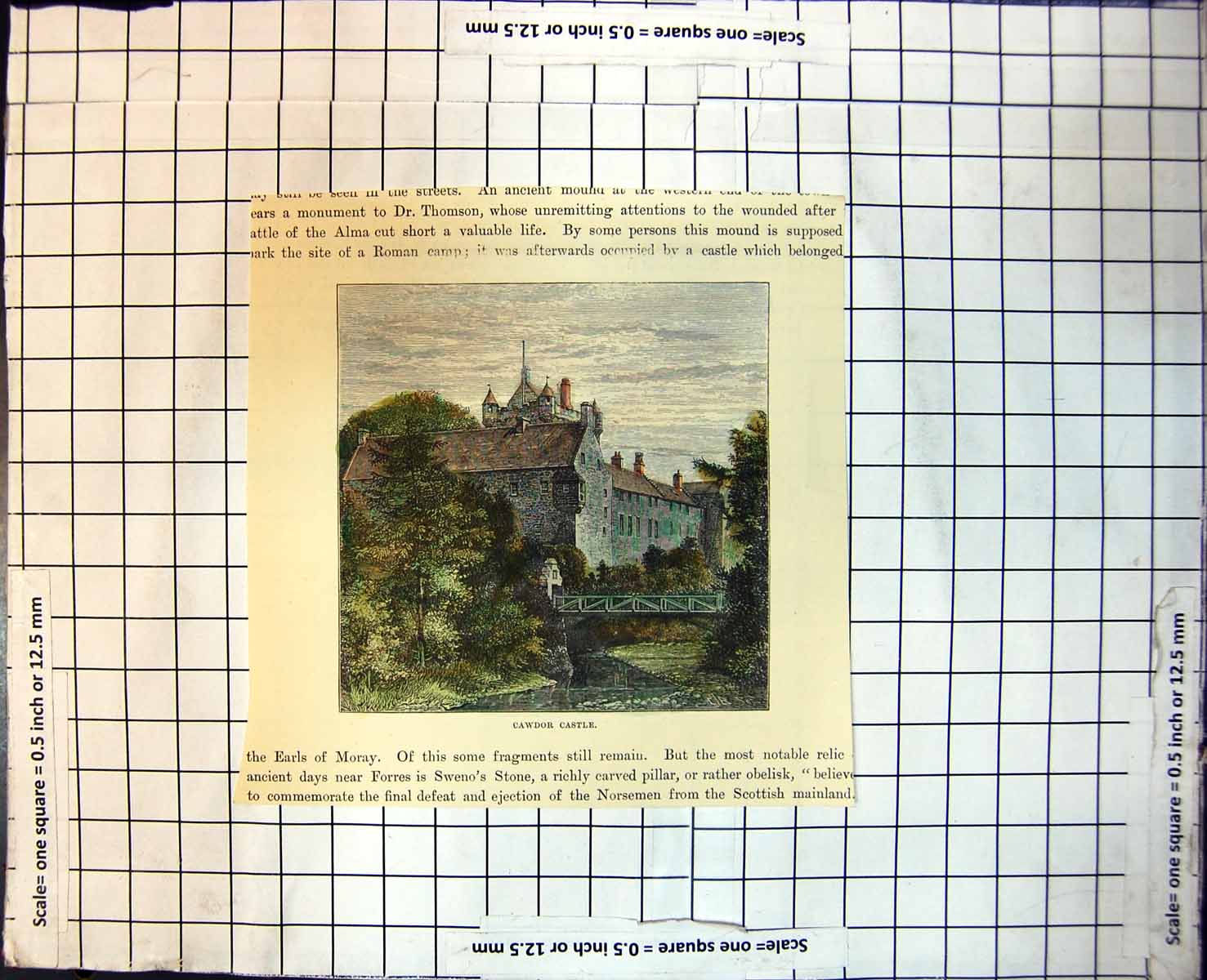 Old Print Cawdor Castle Fortified Building Tower Bridge River Tiled Ro175J